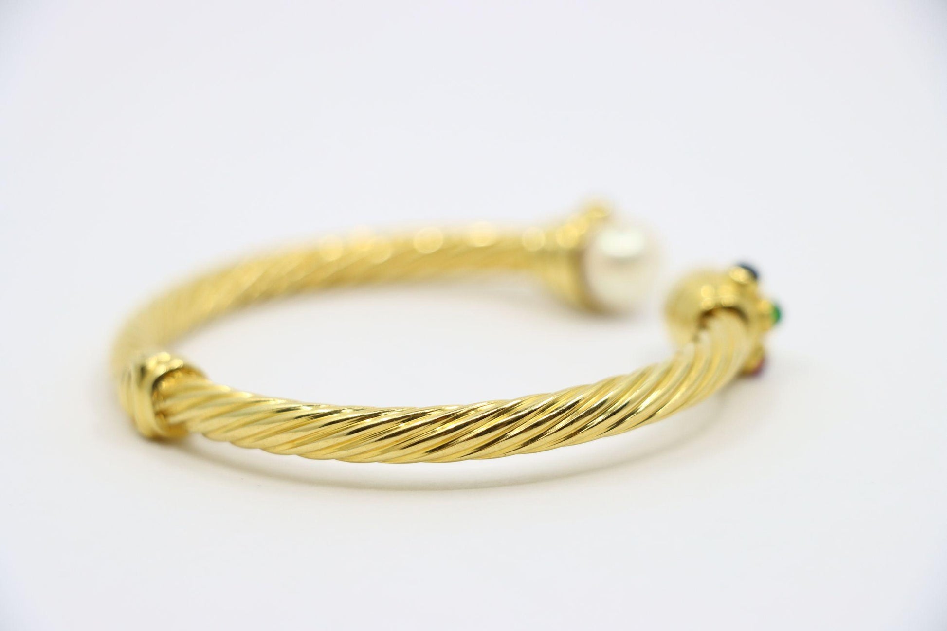 Vintage 18K Gold Pearl Ruby Sapphire Emerald Cuff Bracelet