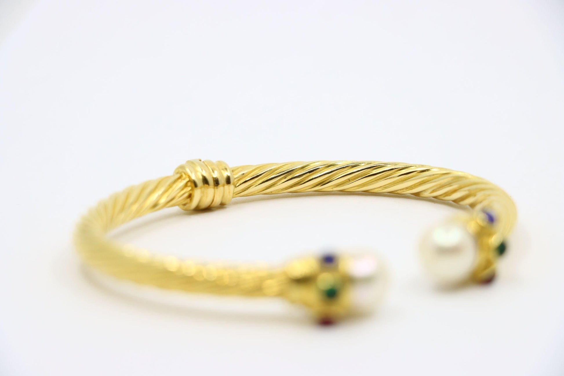Vintage 18K Gold Pearl Ruby Sapphire Emerald Cuff Bracelet