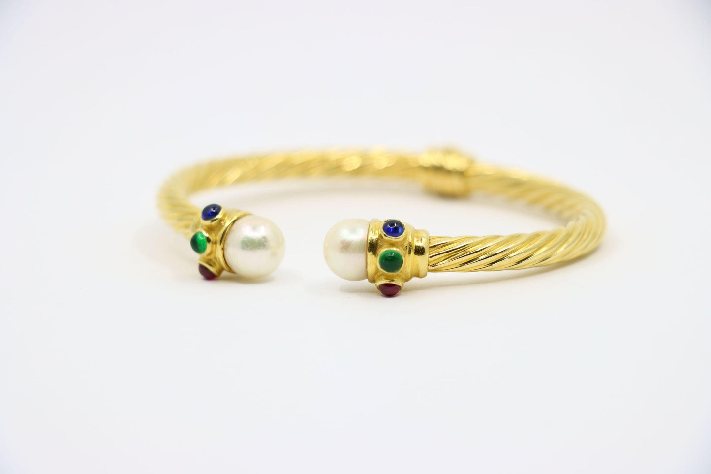 Vintage 18K Gold Pearl Ruby Sapphire Emerald Cuff Bracelet