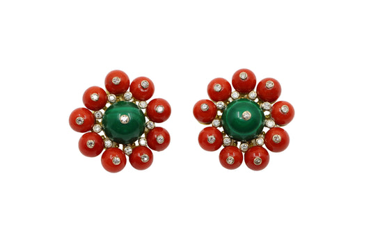 Vintage 18K Gold Coral Malachite Diamonds Flower Earrings