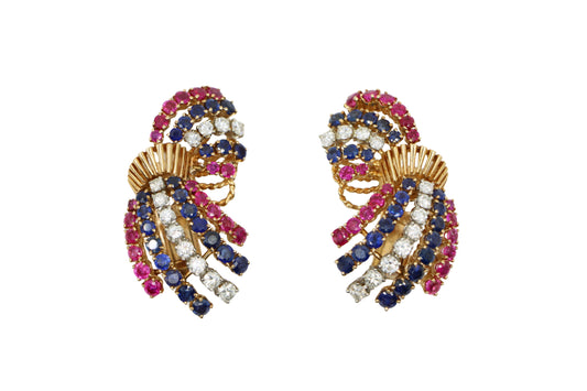 Vintage 14K Gold Ruby Sapphire Diamonds Earrings