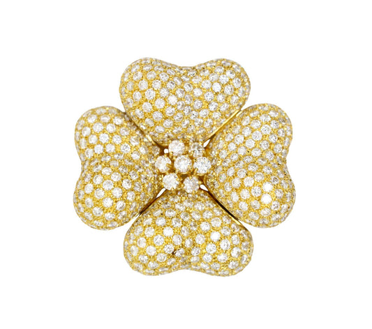 18K Gold Four Leaf Clover Diamonds Brooch