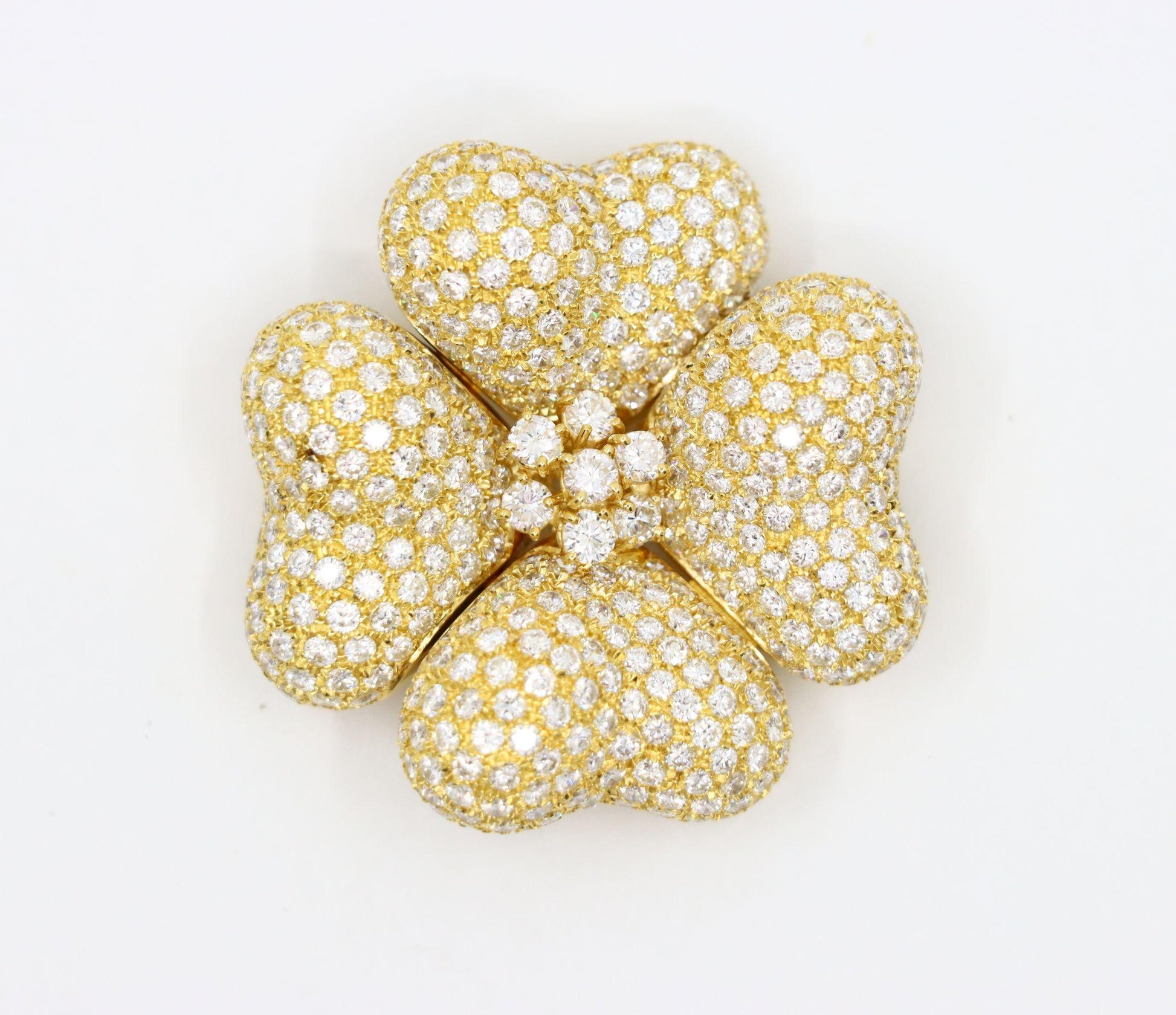 18K Gold Four Leaf Clover Diamonds Brooch