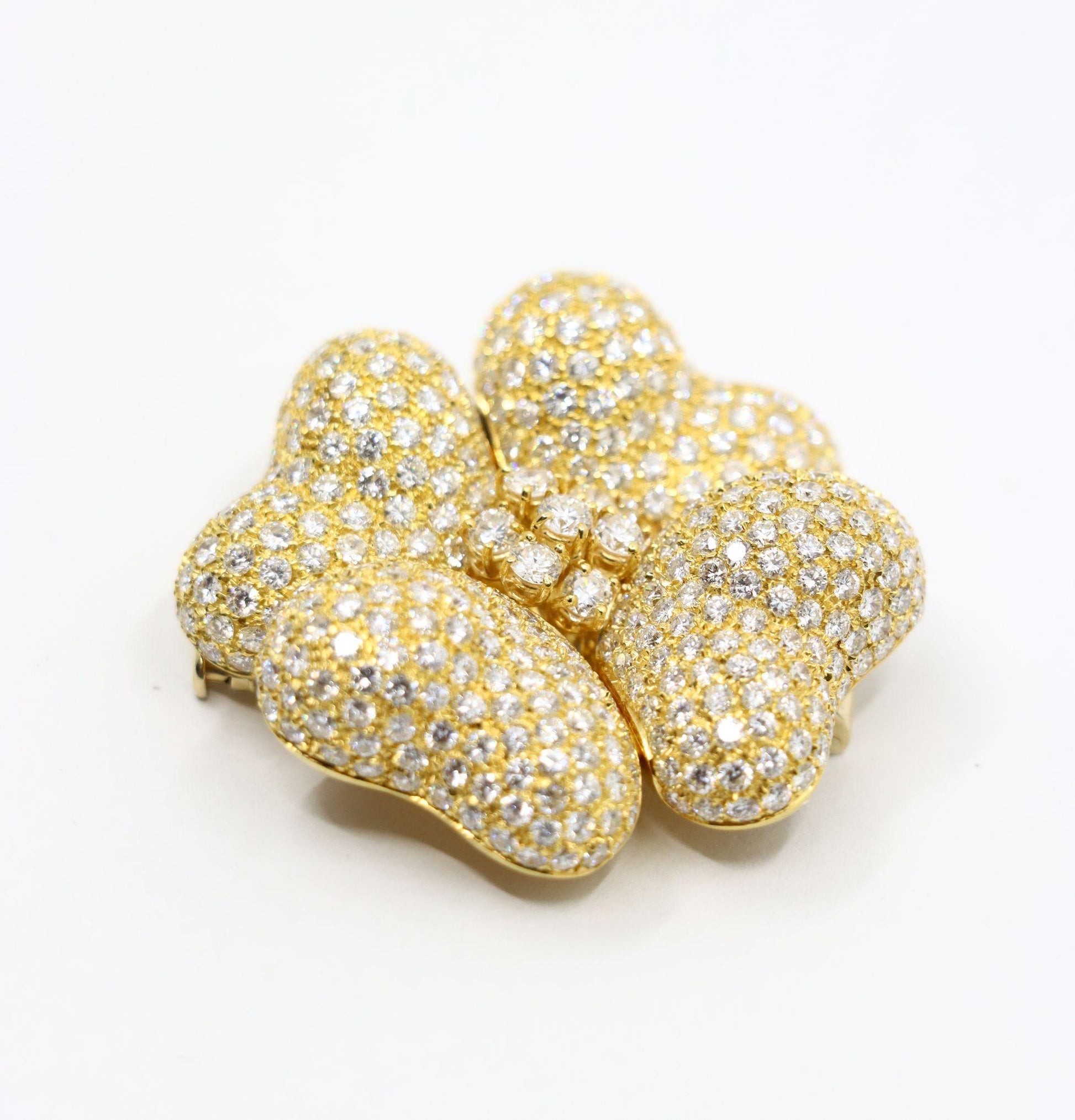 18K Gold Four Leaf Clover Diamonds Brooch