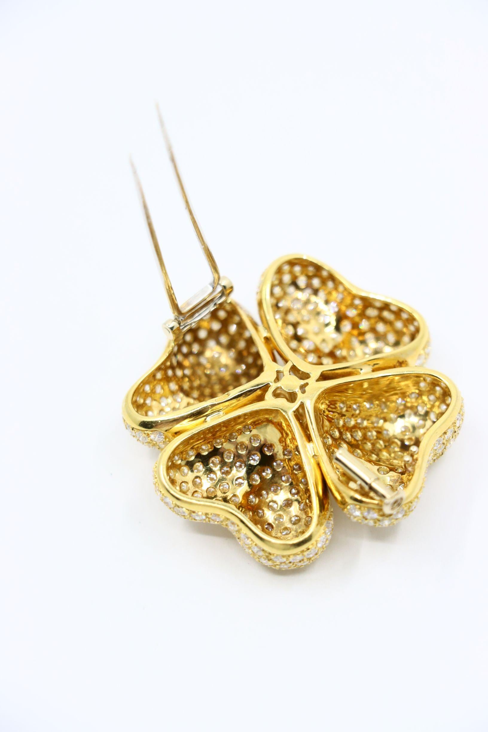 18K Gold Four Leaf Clover Diamonds Brooch