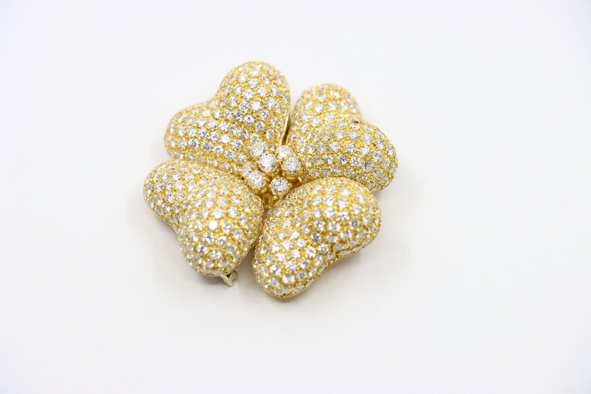 18K Gold Four Leaf Clover Diamonds Brooch