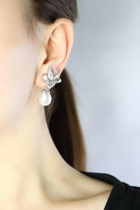 Vintage 18K White Gold Diamond Pearl Drop Earrings