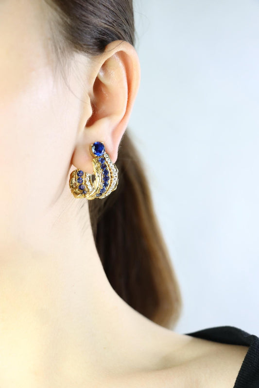 Vintage 18k Gold Spinel Sapphire Diamond Inside Out Hoop Earrings