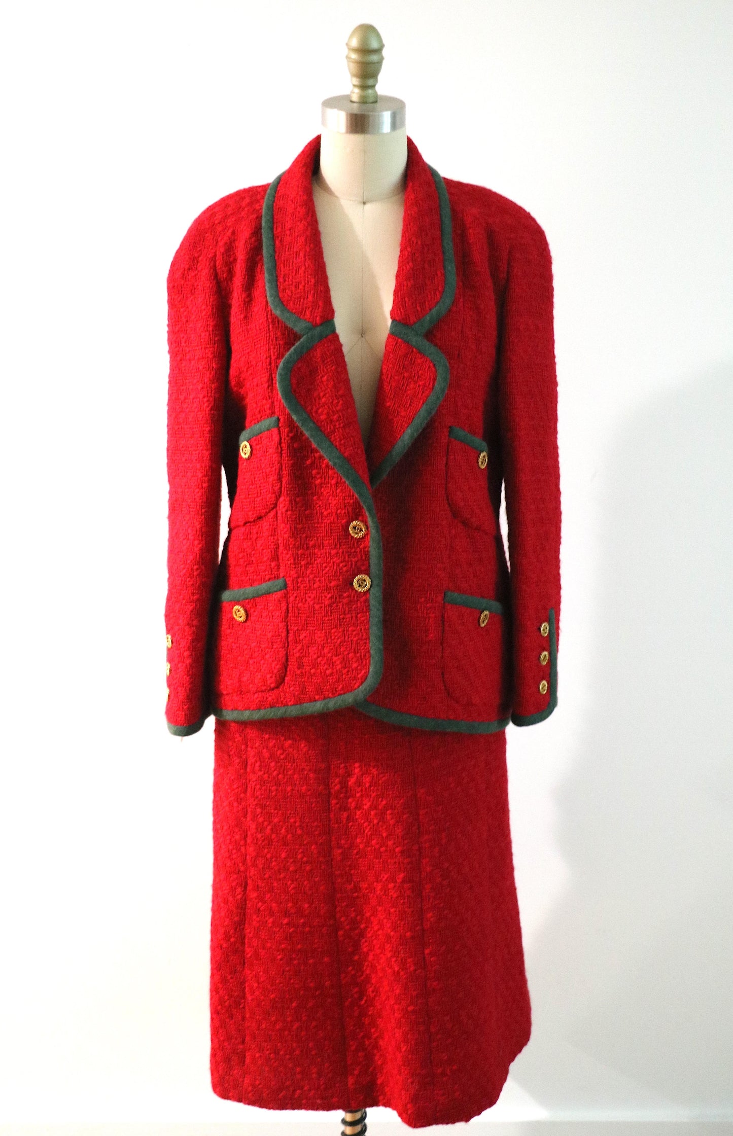 A Set of Vintage Chanel Boutique Red Tweed Green Trim Jacket & Skirt