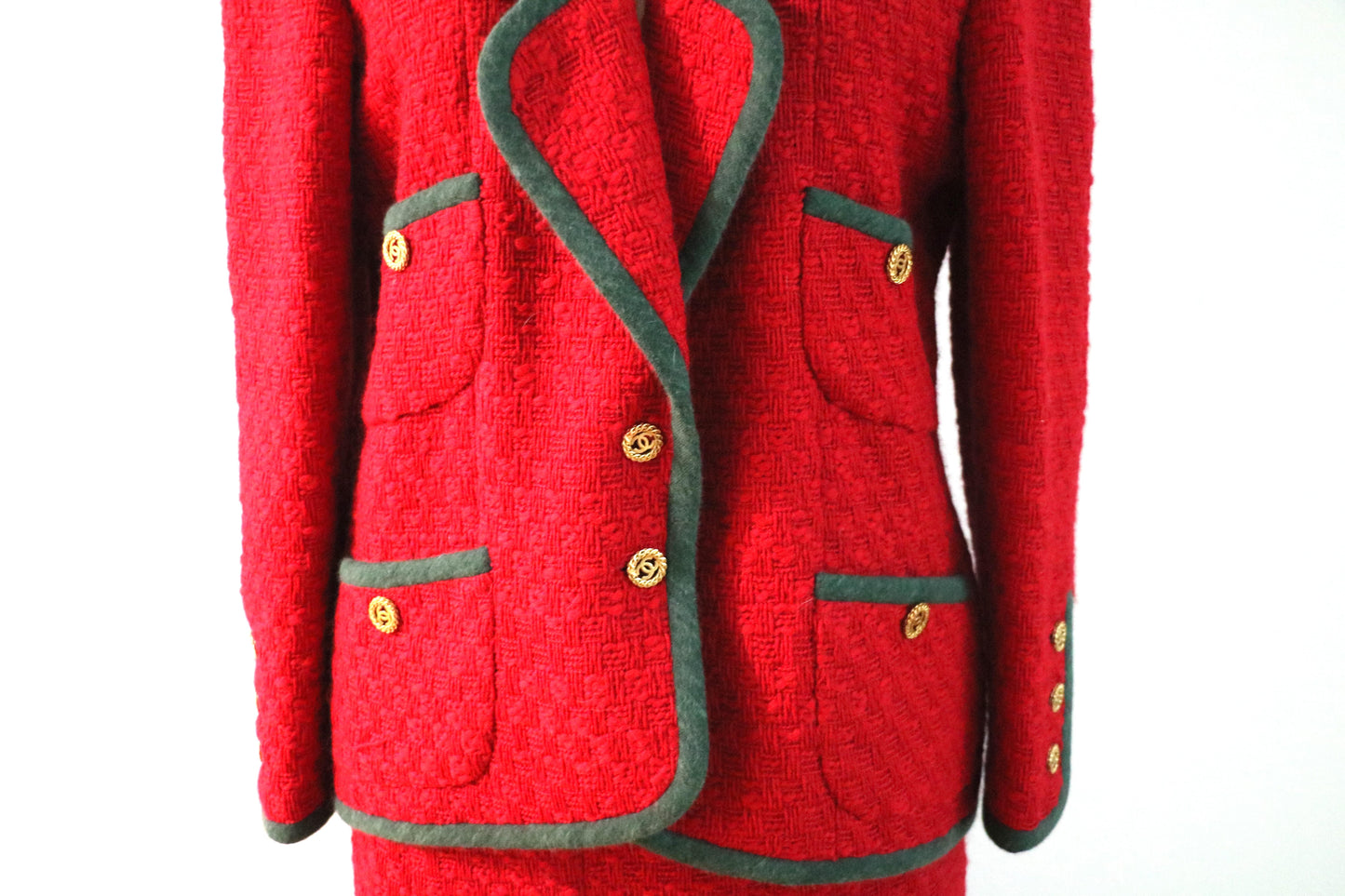 A Set of Vintage Chanel Boutique Red Tweed Green Trim Jacket & Skirt