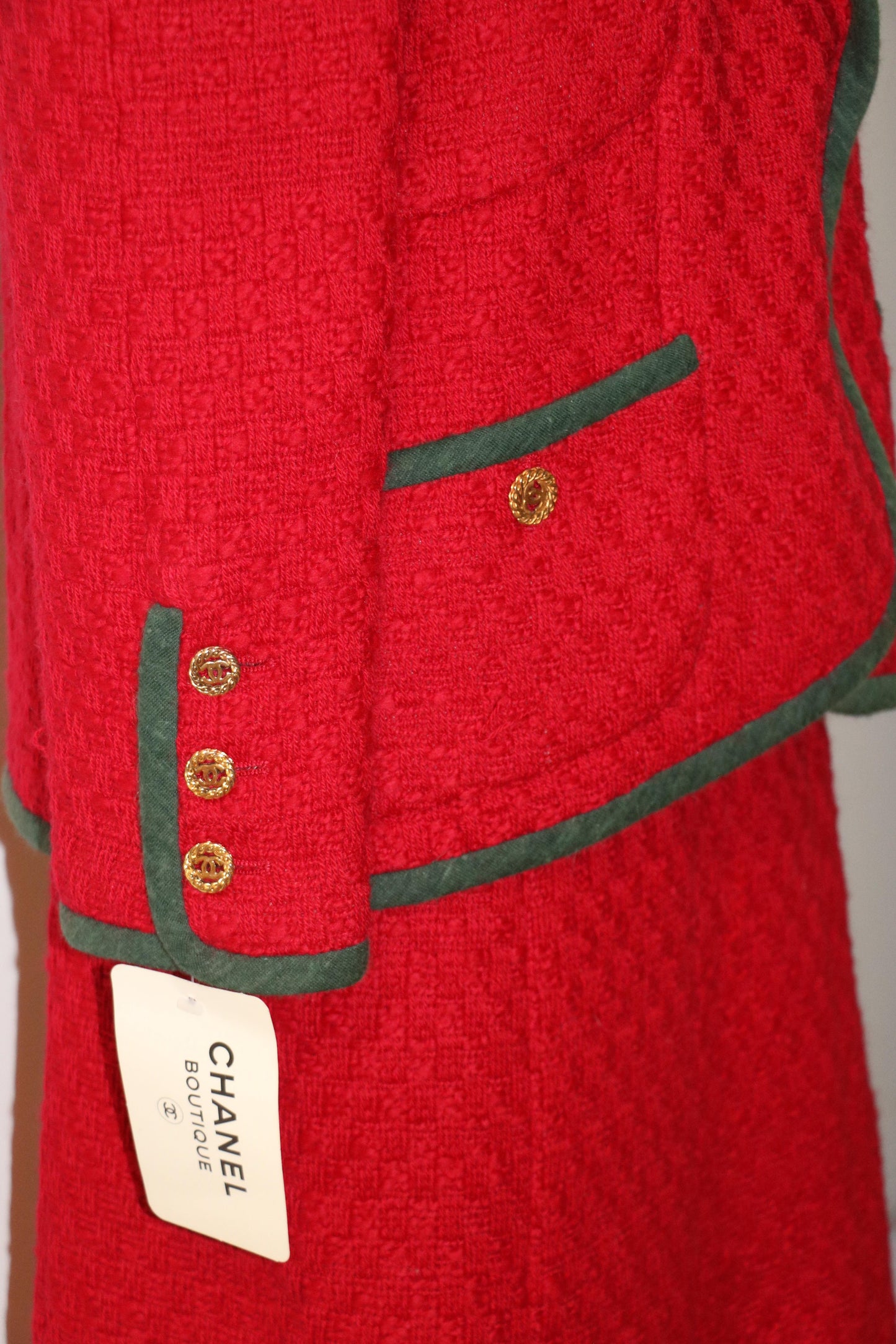 A Set of Vintage Chanel Boutique Red Tweed Green Trim Jacket & Skirt