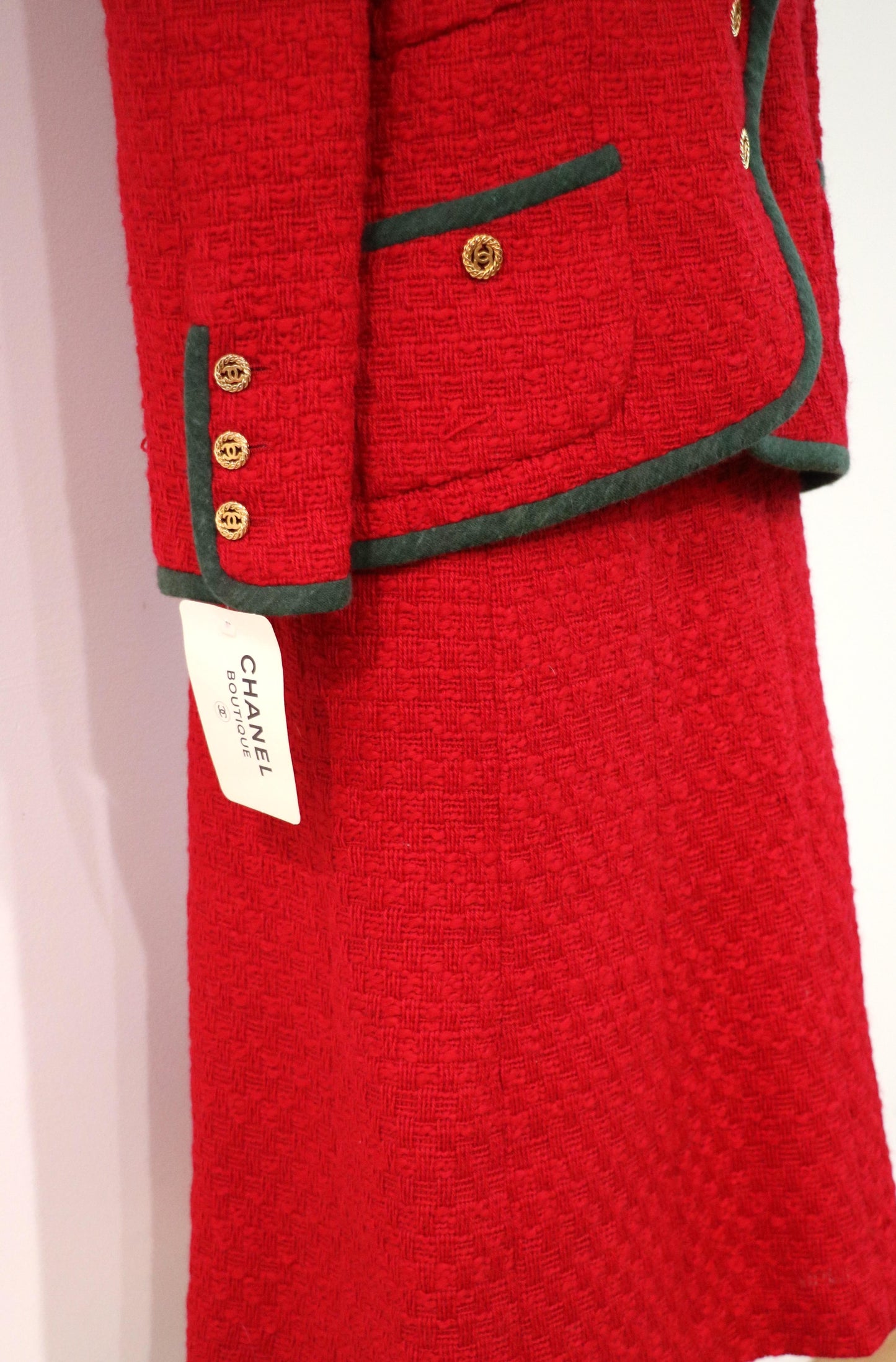 A Set of Vintage Chanel Boutique Red Tweed Green Trim Jacket & Skirt