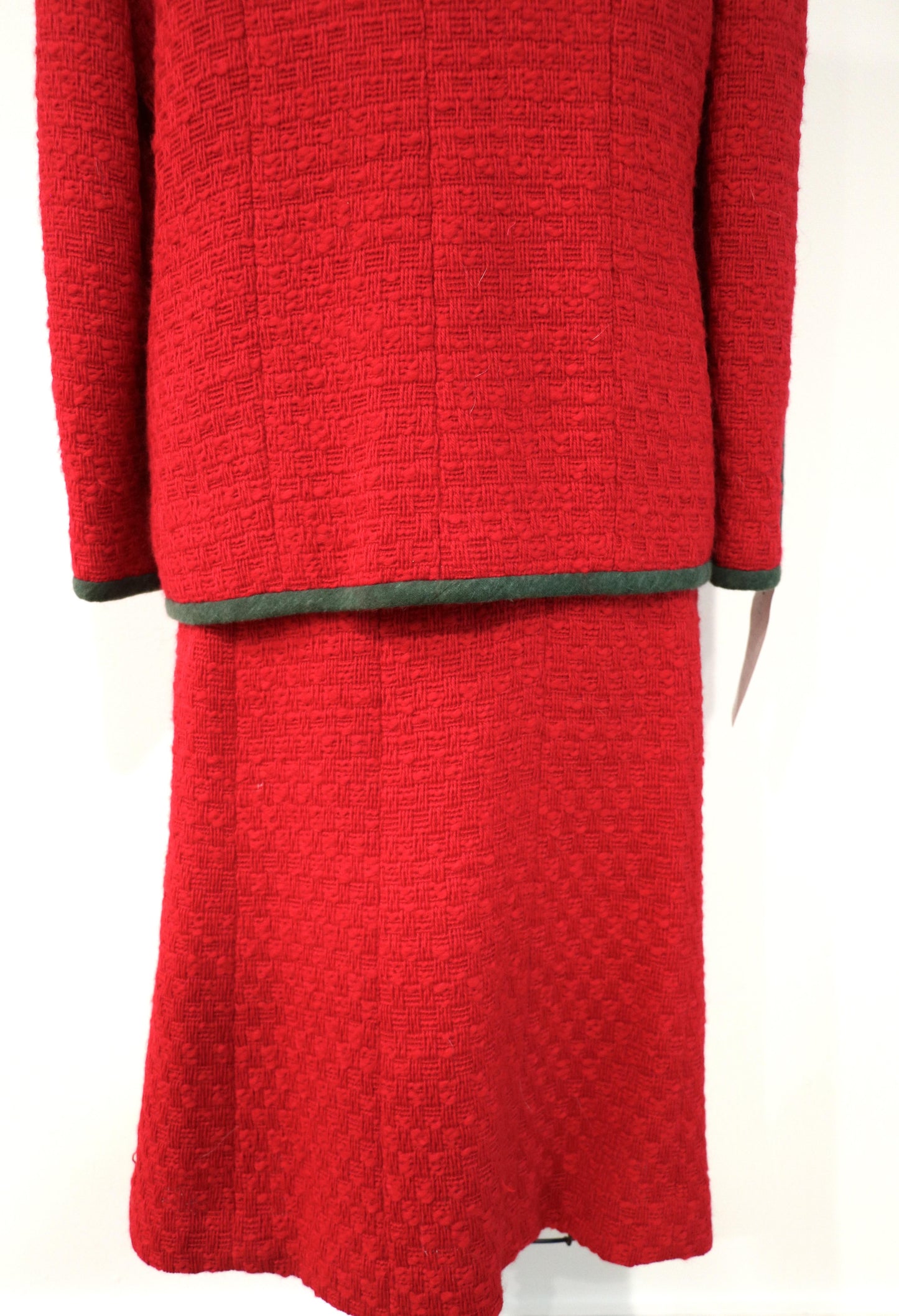 A Set of Vintage Chanel Boutique Red Tweed Green Trim Jacket & Skirt