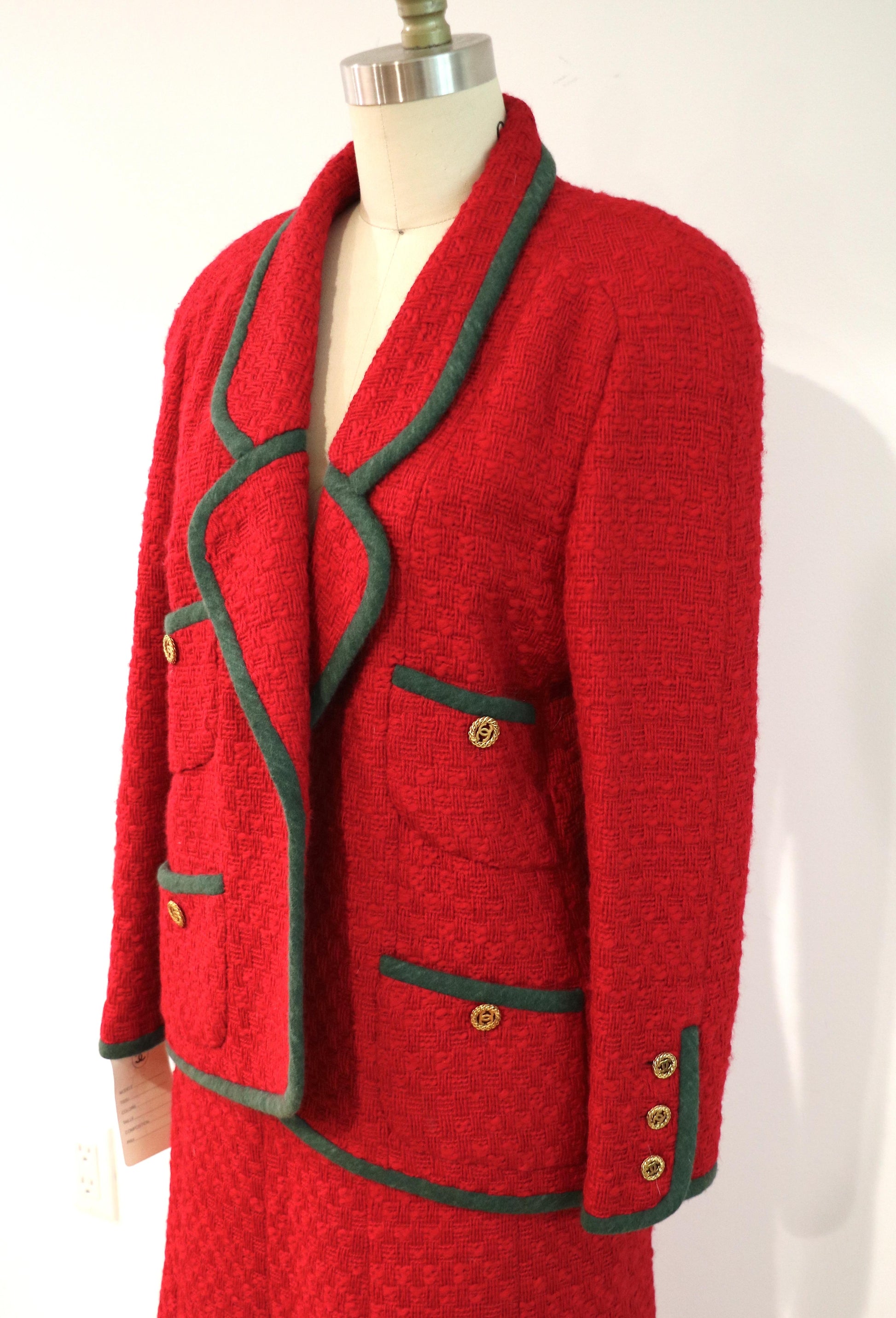 A Set of Vintage Chanel Boutique Red Tweed Green Trim Jacket & Skirt