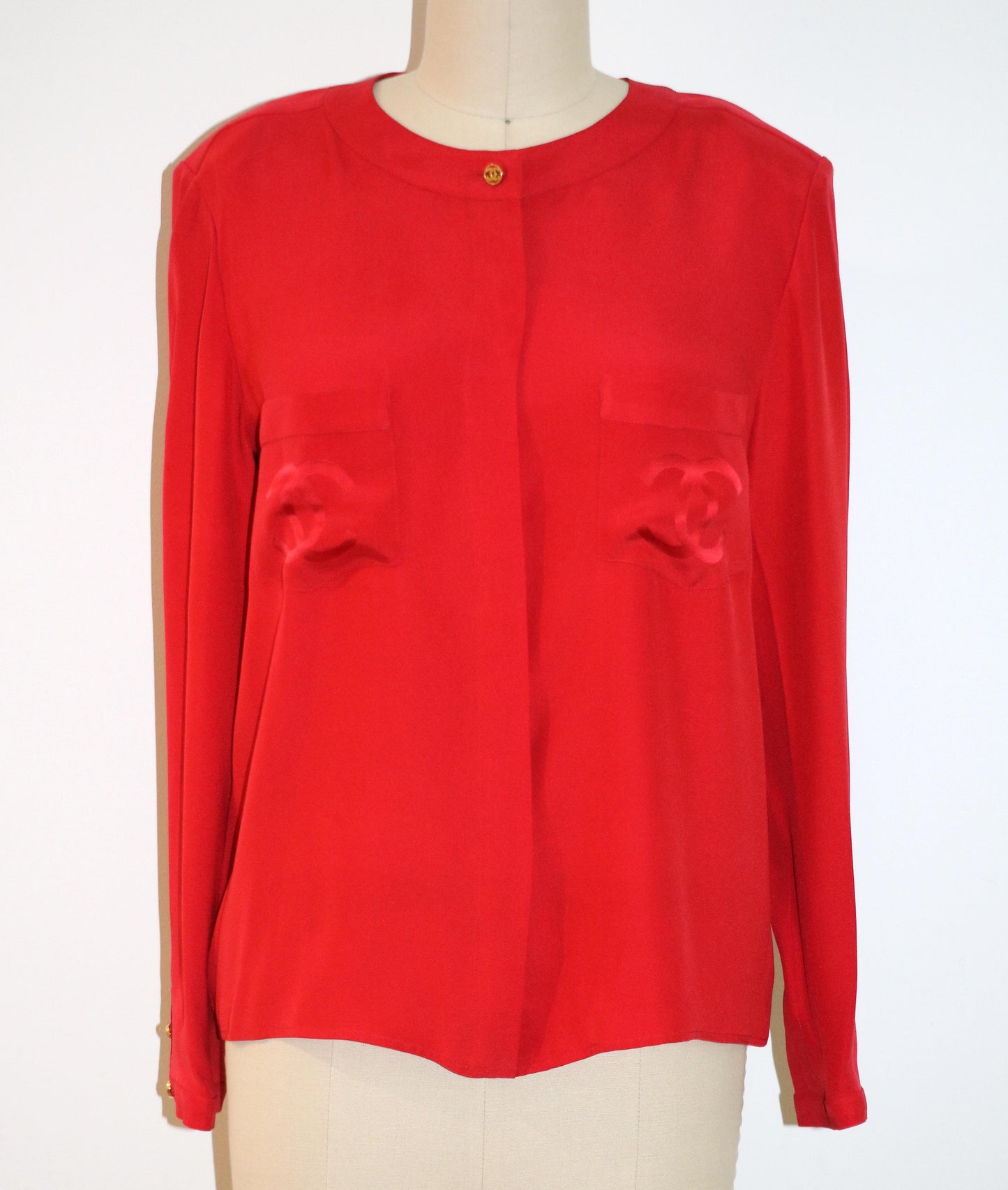 Vintage Chanel Double C Logo Red Silk Button-Up Top