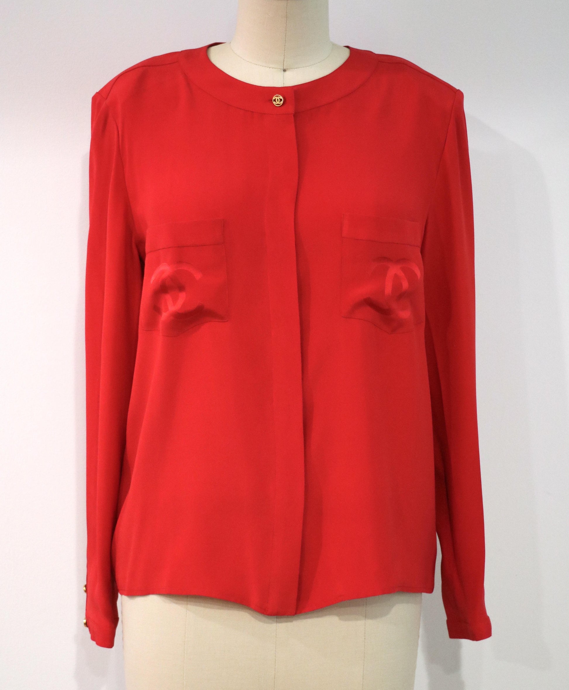 Vintage Chanel Double C Logo Red Silk Button-Up Top