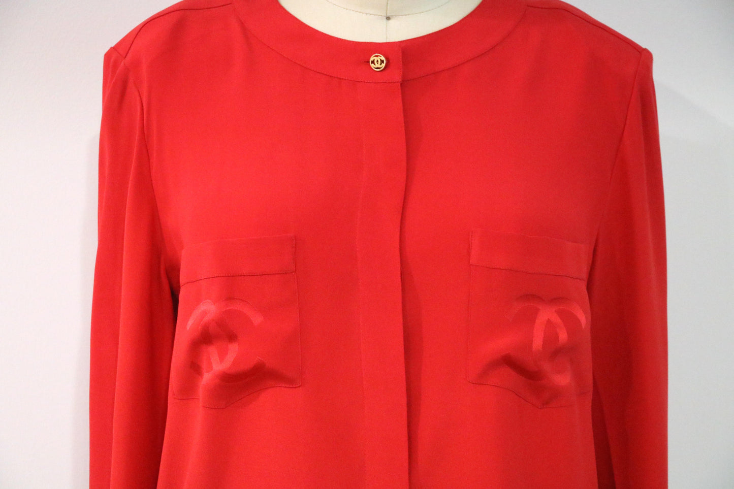 Vintage Chanel Double C Logo Red Silk Button-Up Top