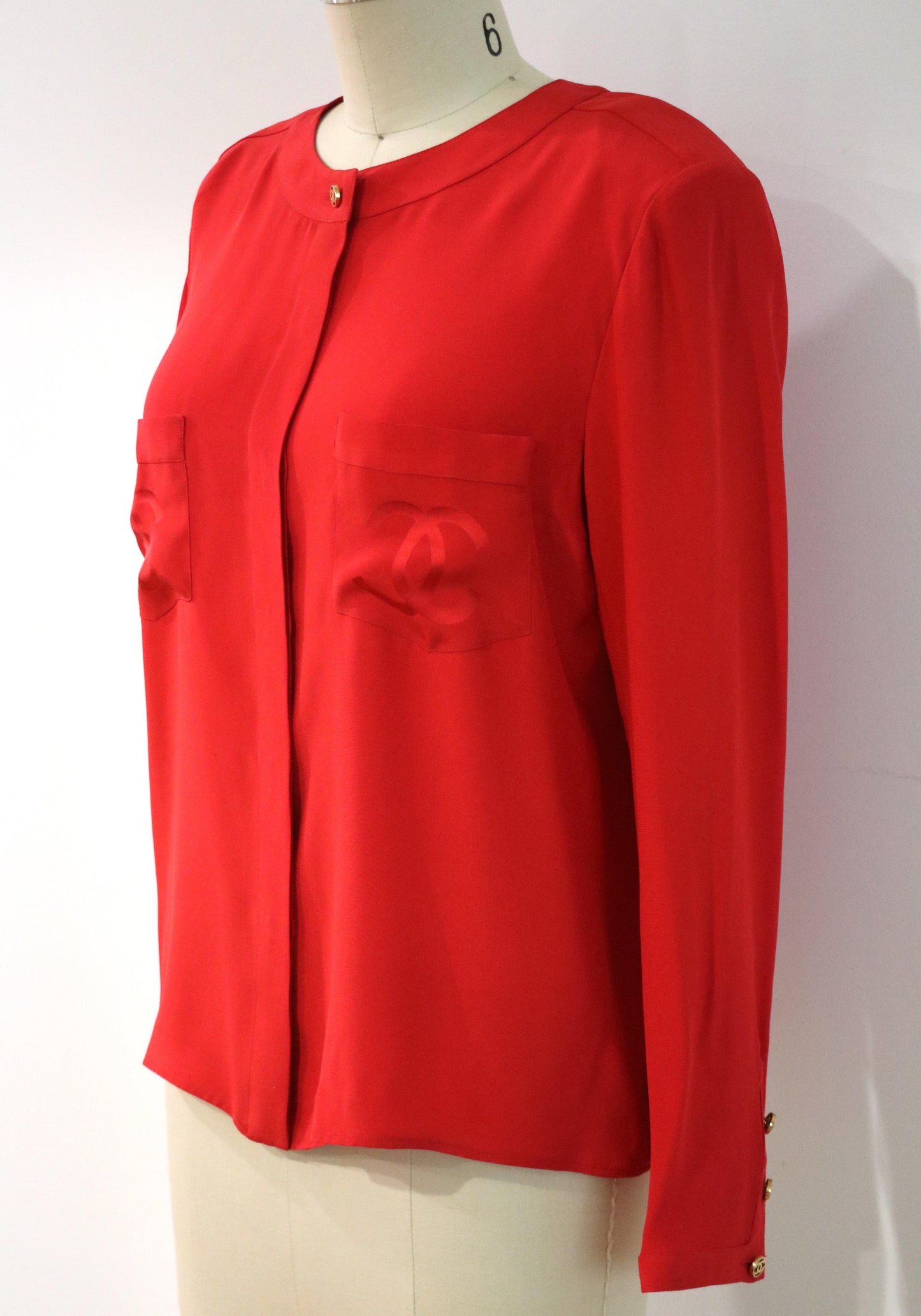 Vintage Chanel Double C Logo Red Silk Button-Up Top