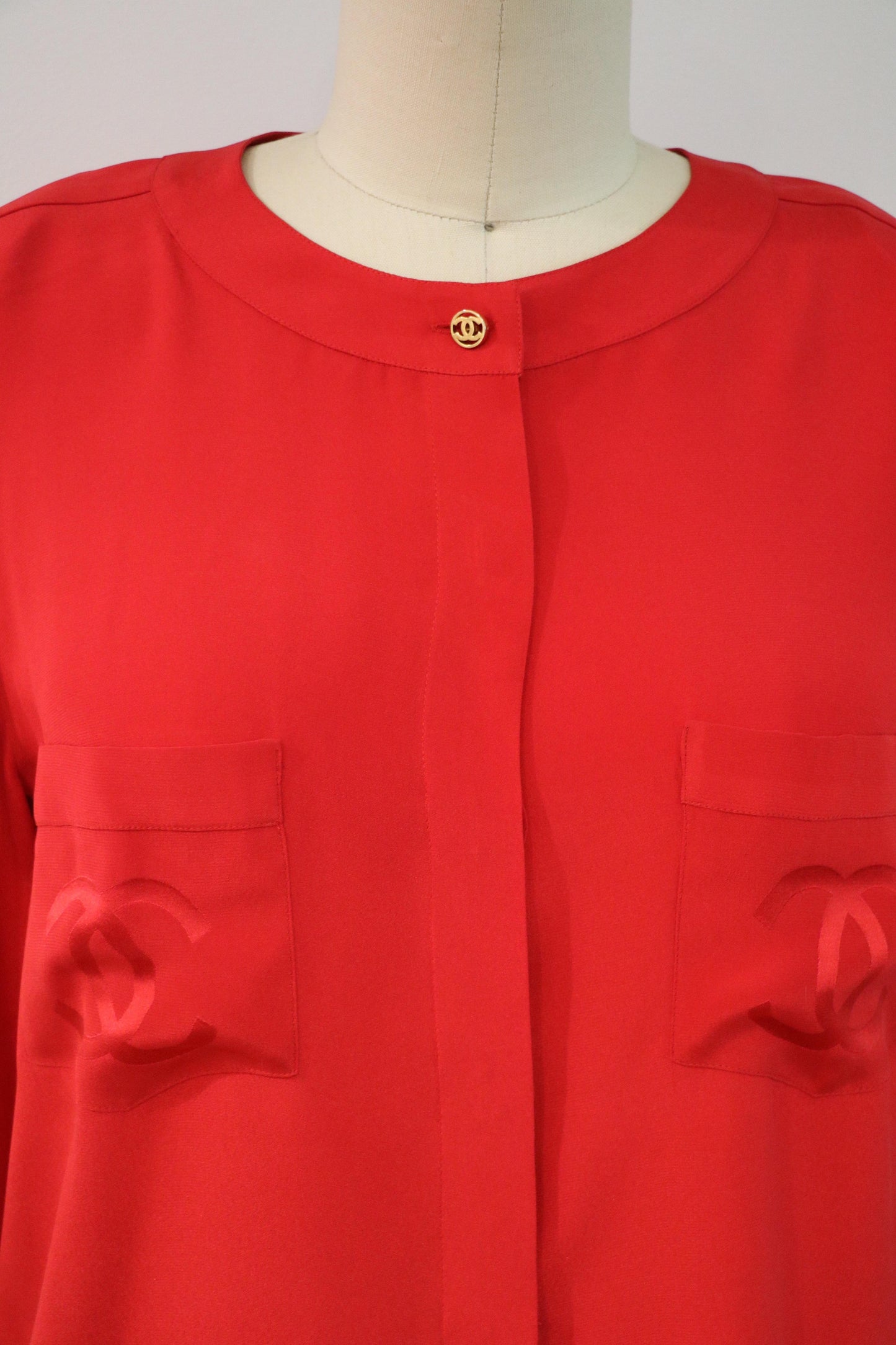 Vintage Chanel Double C Logo Red Silk Button-Up Top