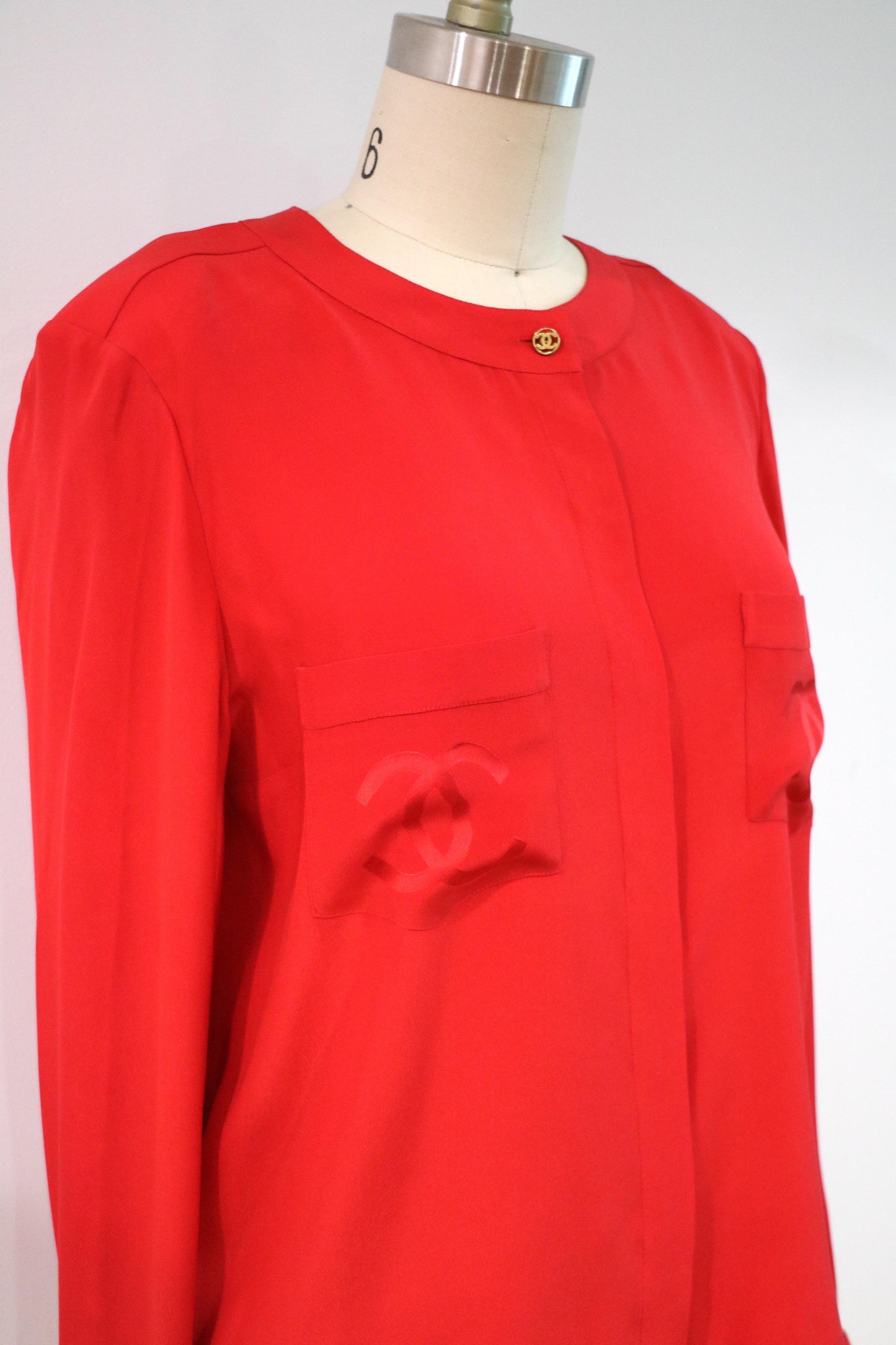 Vintage Chanel Double C Logo Red Silk Button-Up Top