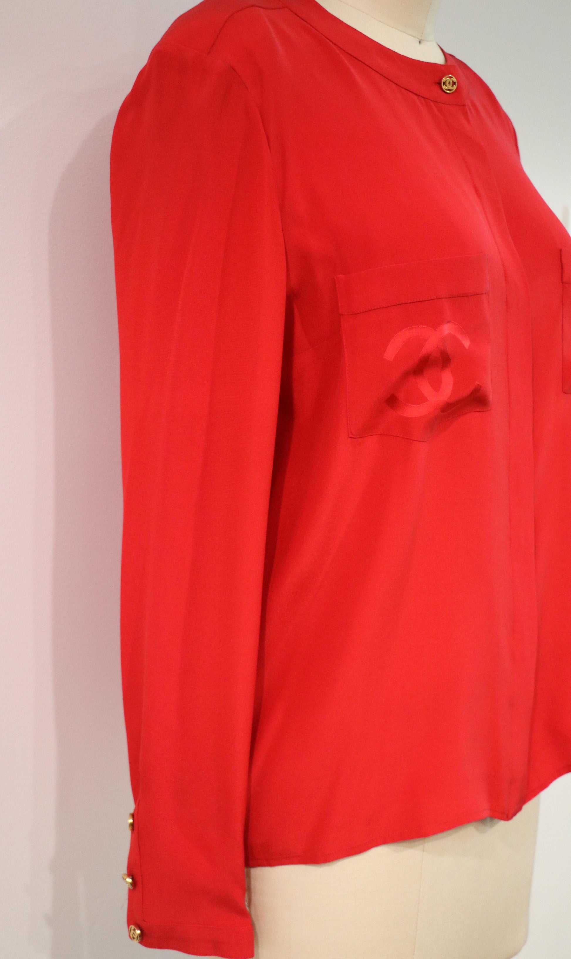 Vintage Chanel Double C Logo Red Silk Button-Up Top