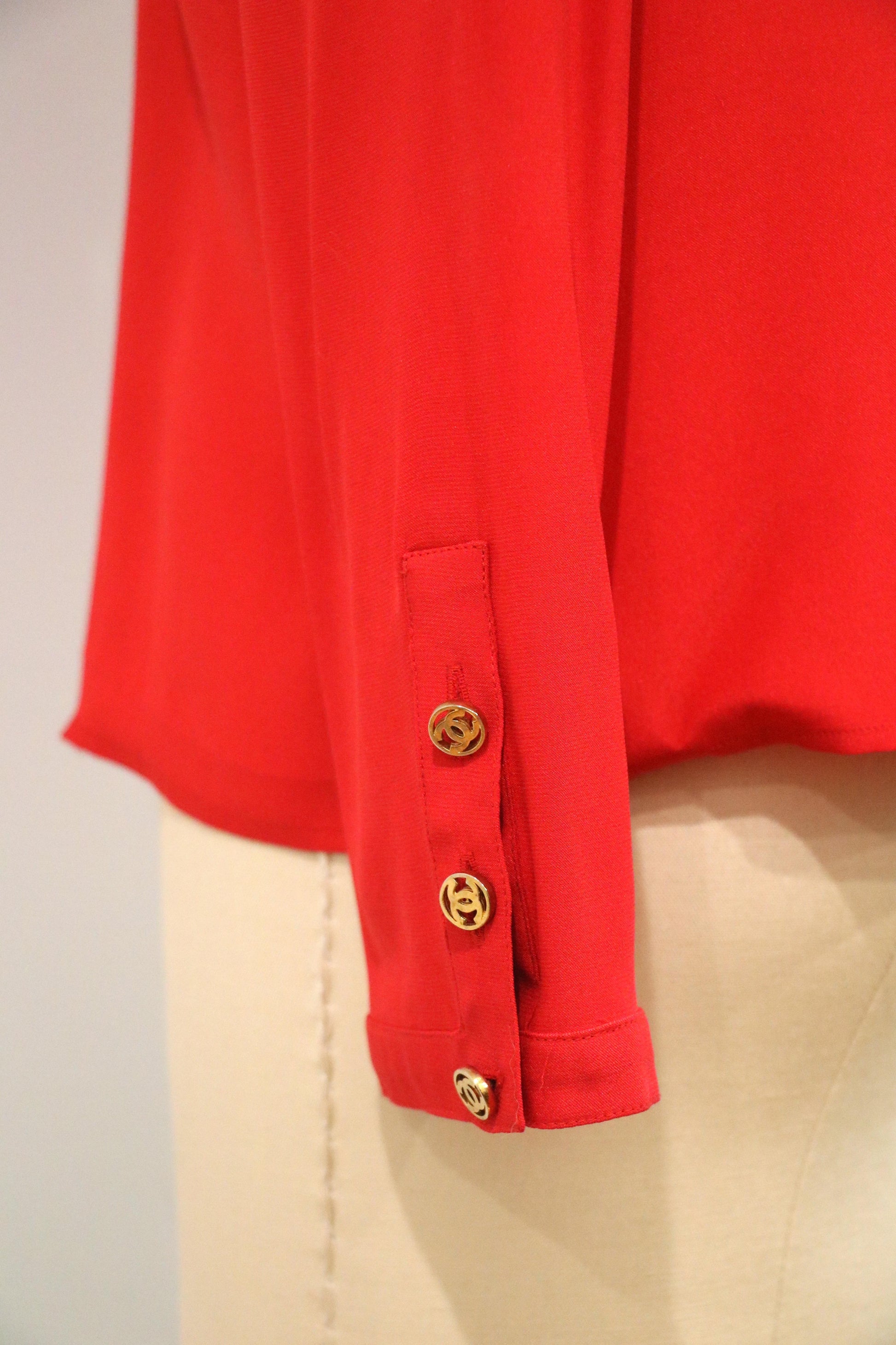 Vintage Chanel Double C Logo Red Silk Button-Up Top