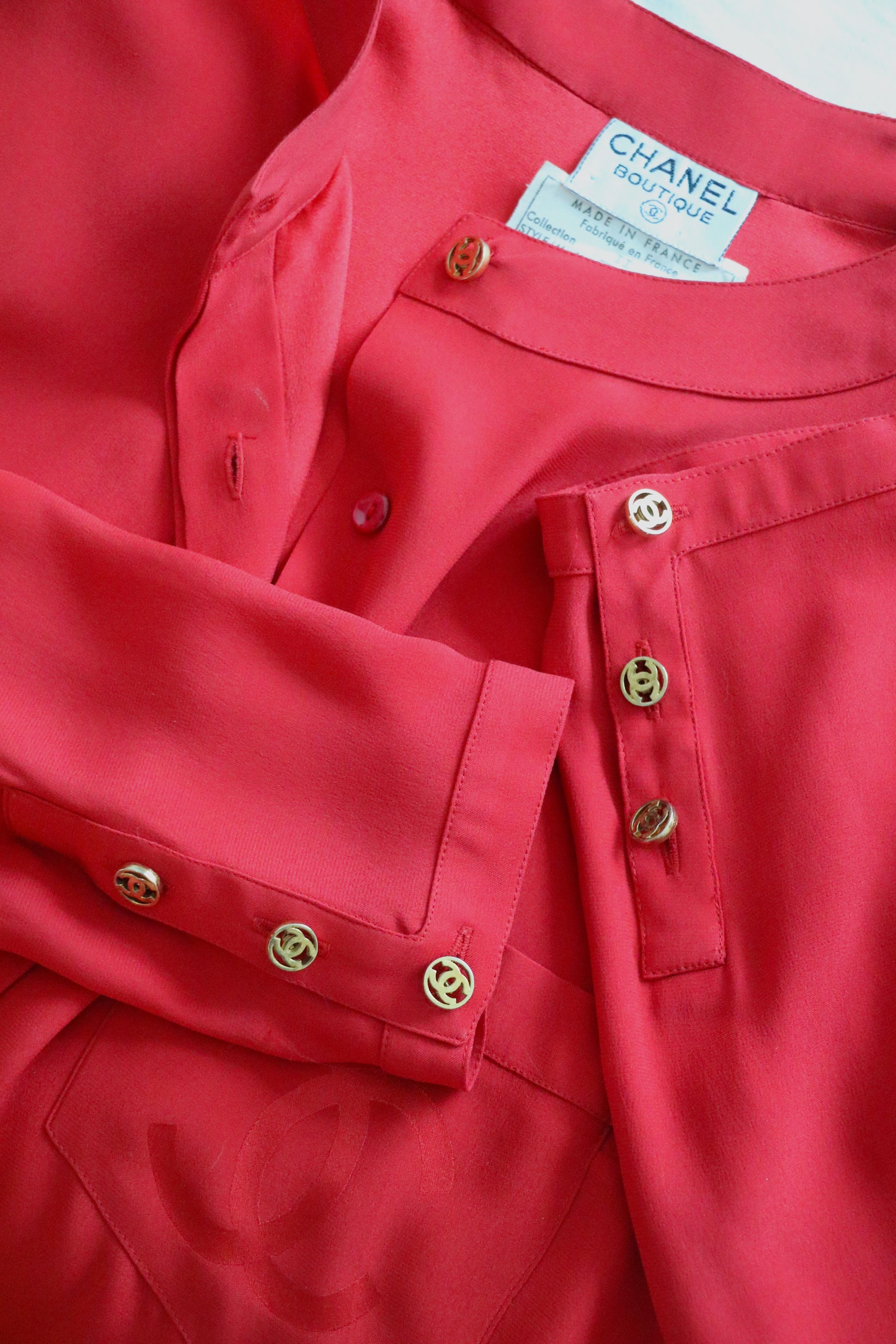 Vintage Chanel Double C Logo Red Silk Button-Up Top