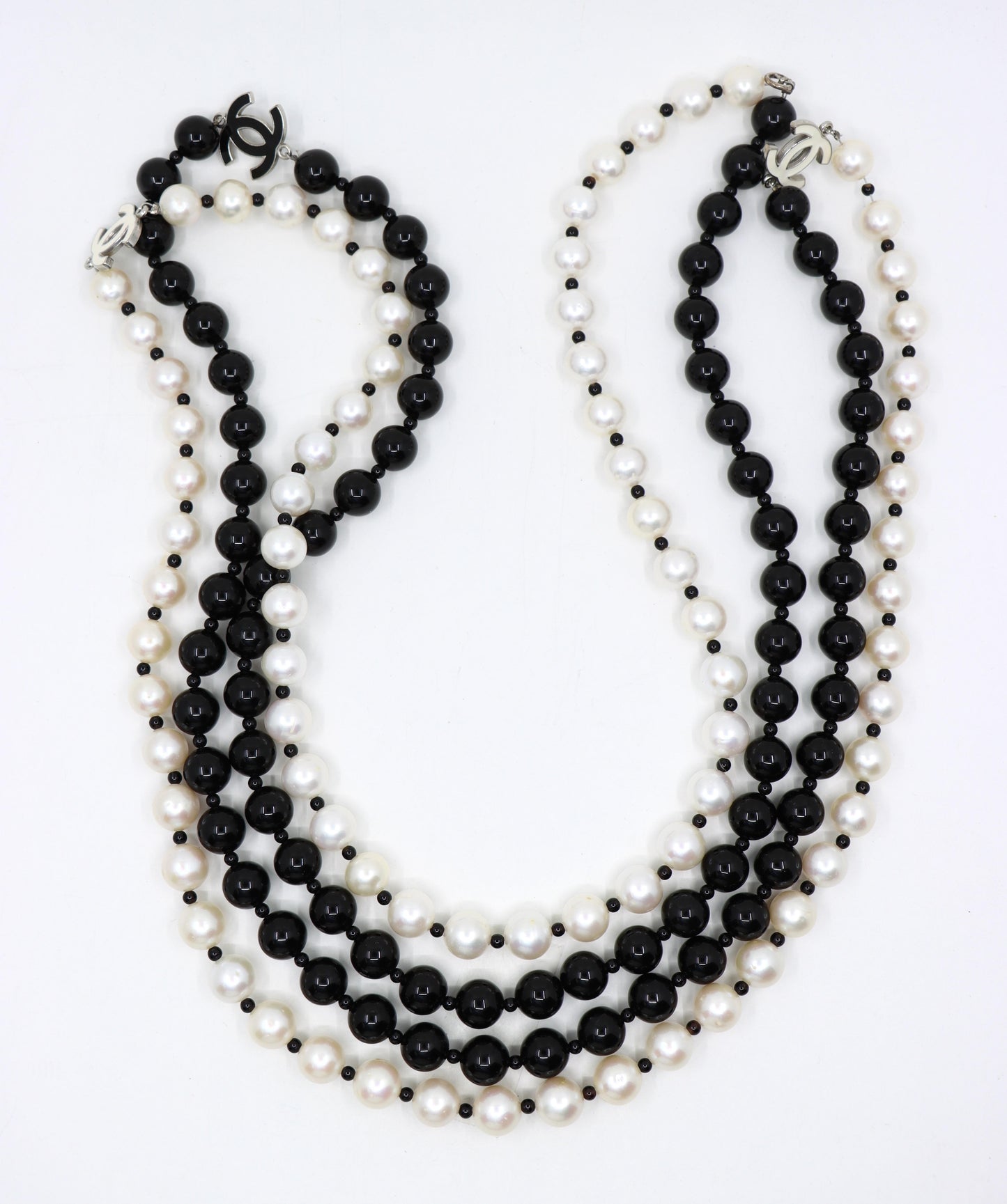 Chanel Black & White Faux Pearl Enamel Cc Logo Long Necklace