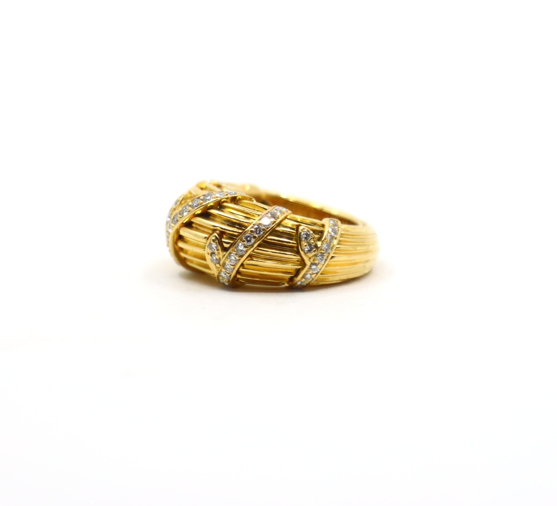 Cartier 18K Ridged Gold Pave Diamond Foliage Ring