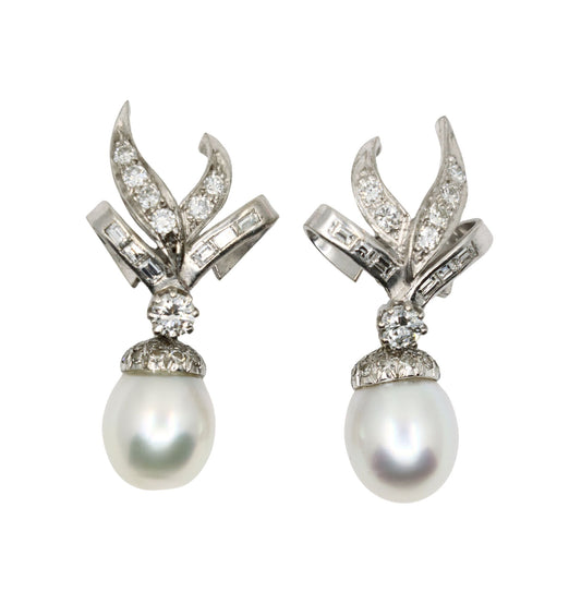 Vintage 18K White Gold Diamond Pearl Drop Earrings