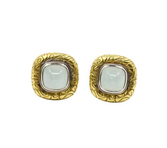 Vintage 18K Gold Square Jade Cabochon Earrings