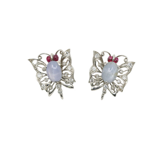 Vintage 14k White Gold Star Sapphire Agate Diamond Butterfly Earrings