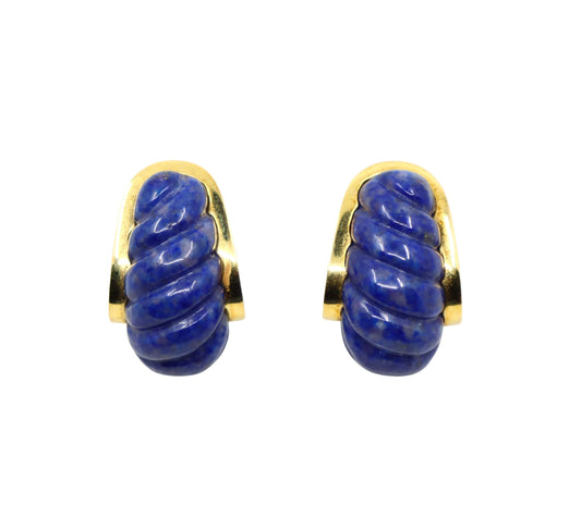 David Webb 18K Gold Lapis Lazuli J Hoop Earrings
