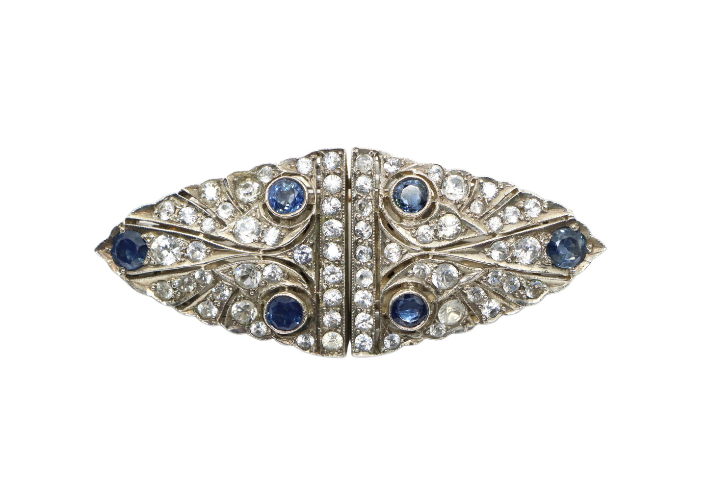 14K Gold & Sterling Blue White Sapphire Clips Brooch