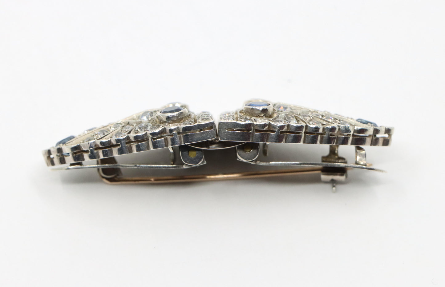 14K Gold & Sterling Blue White Sapphire Clips Brooch