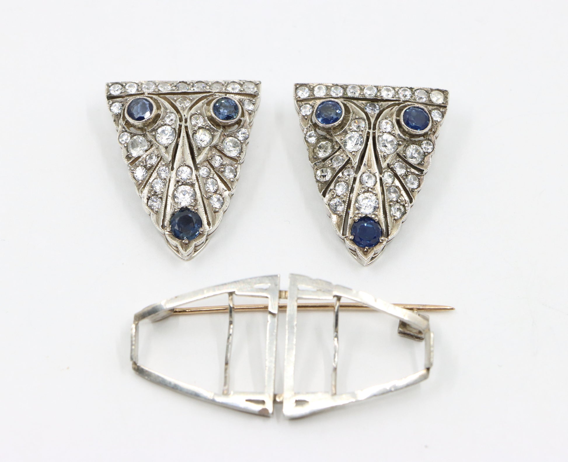 14K Gold & Sterling Blue White Sapphire Clips Brooch