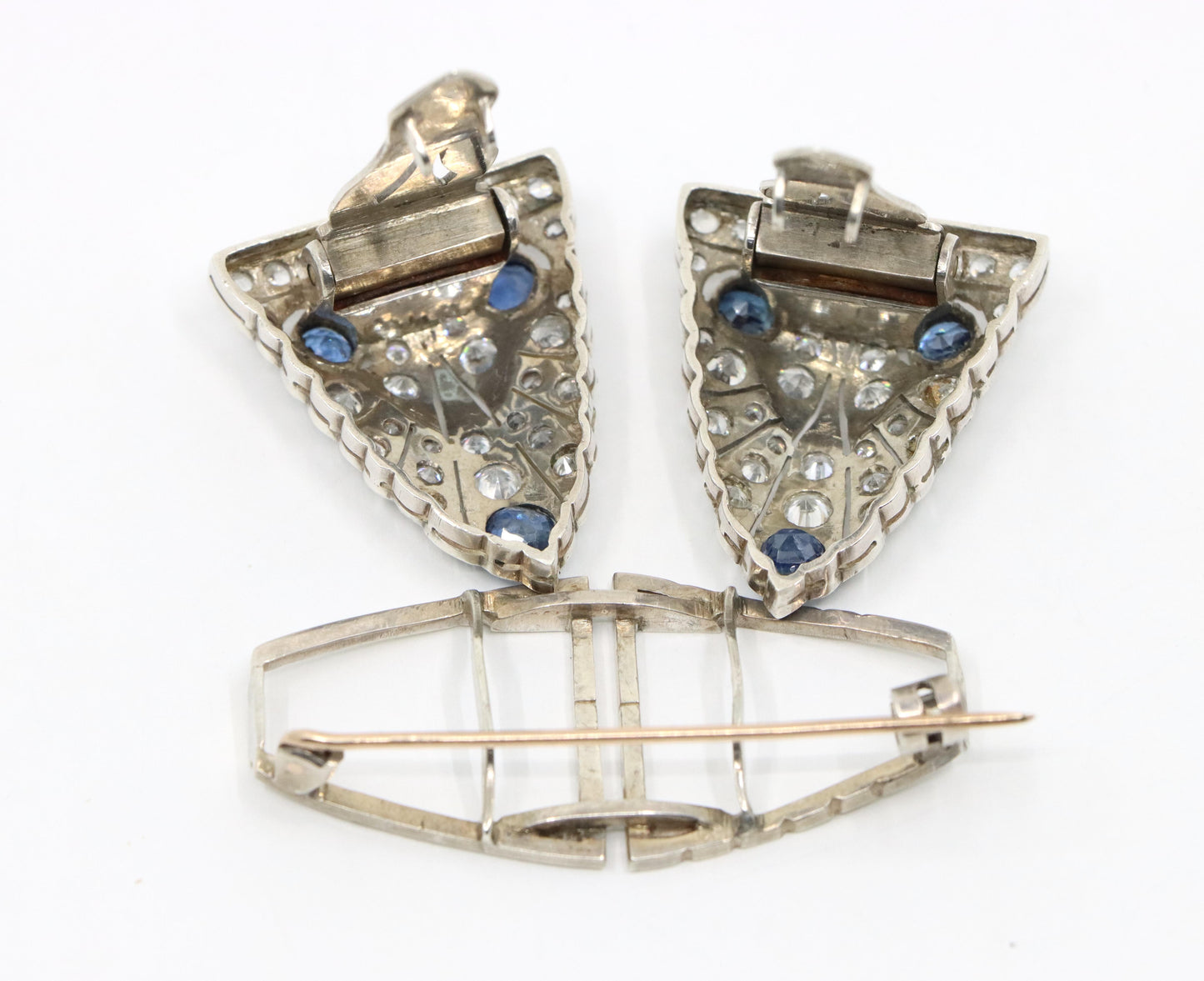 14K Gold & Sterling Blue White Sapphire Clips Brooch