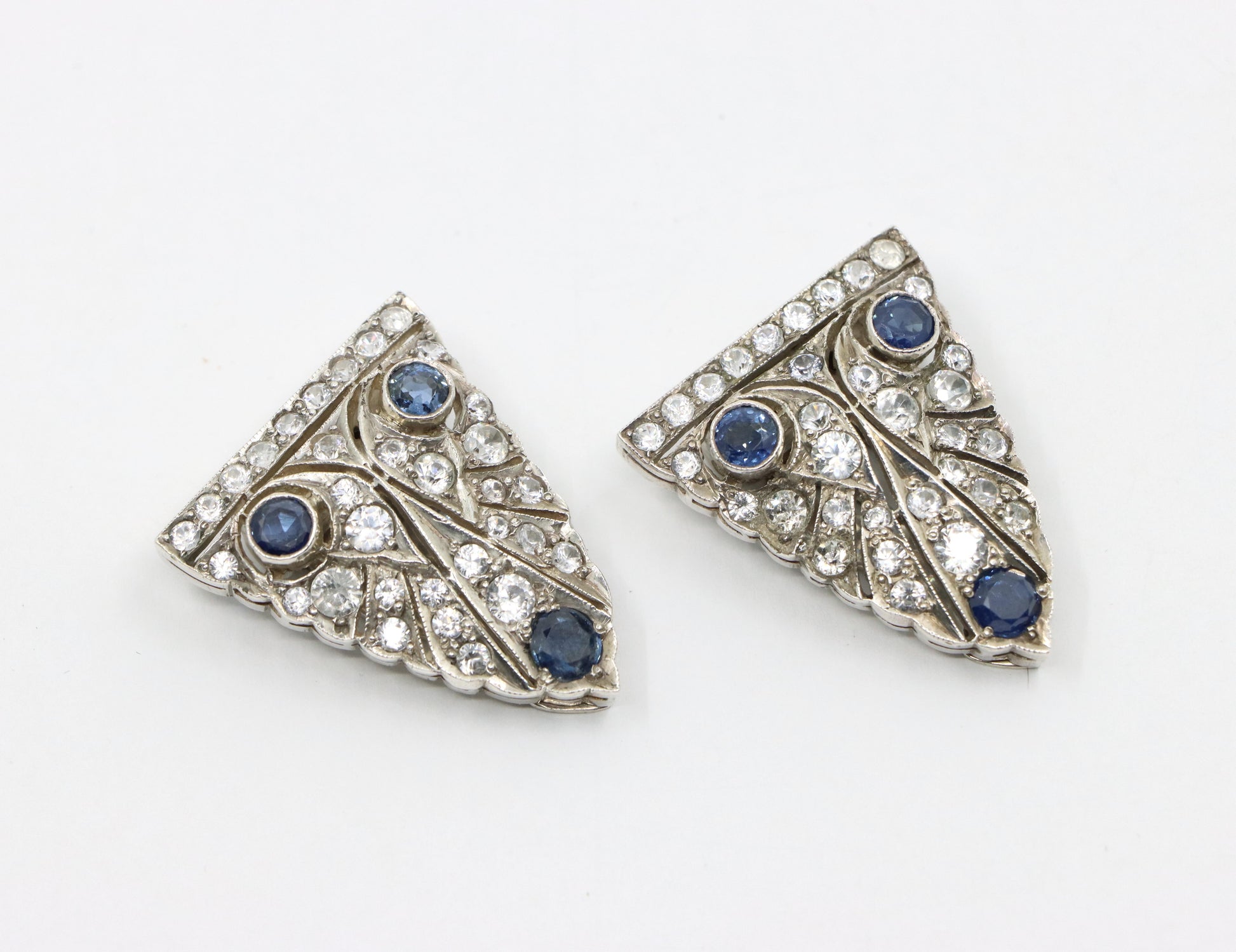 14K Gold & Sterling Blue White Sapphire Clips Brooch