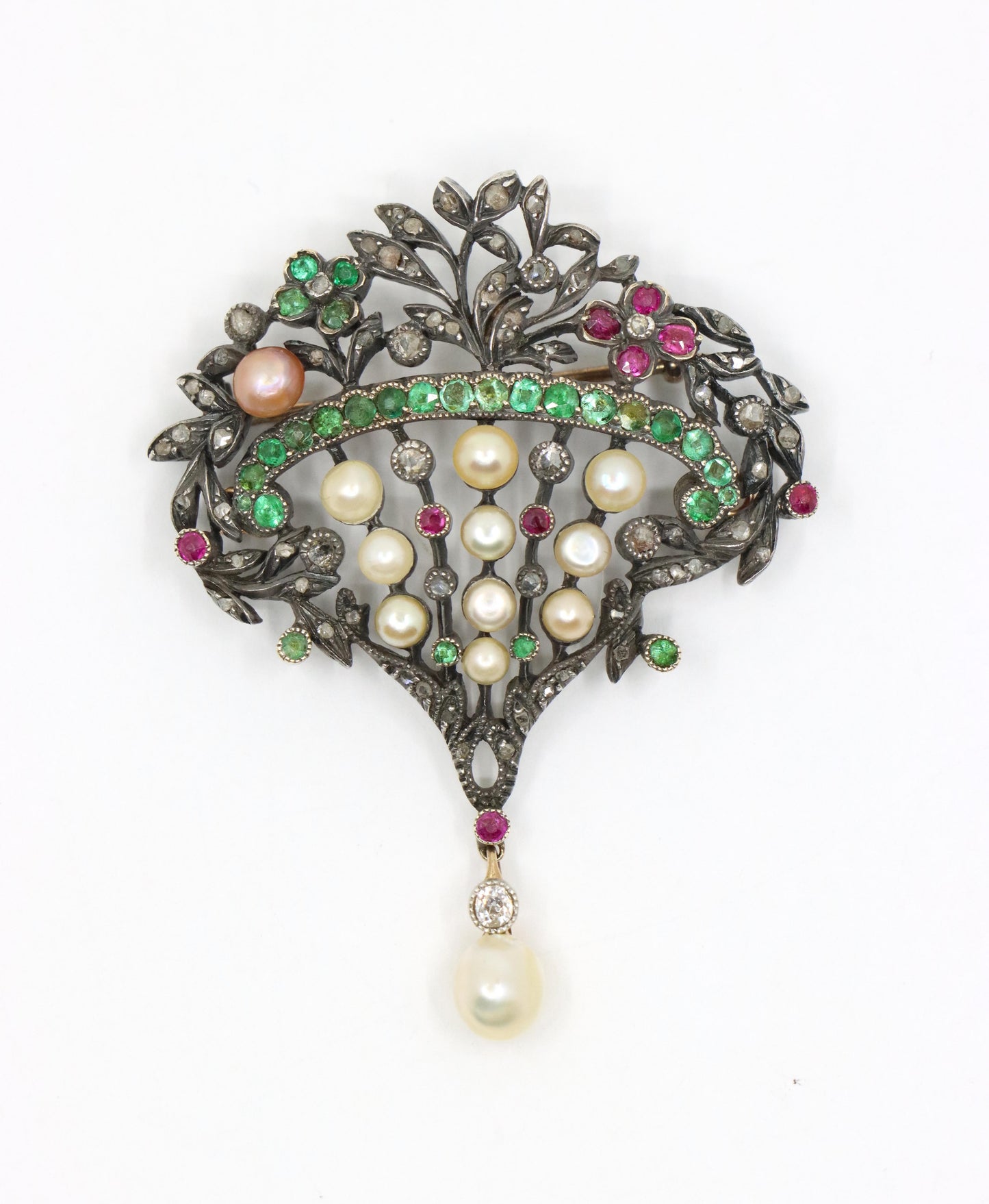 Victorian Gold & Silver Emerald Ruby Pearl Diamond Brooch