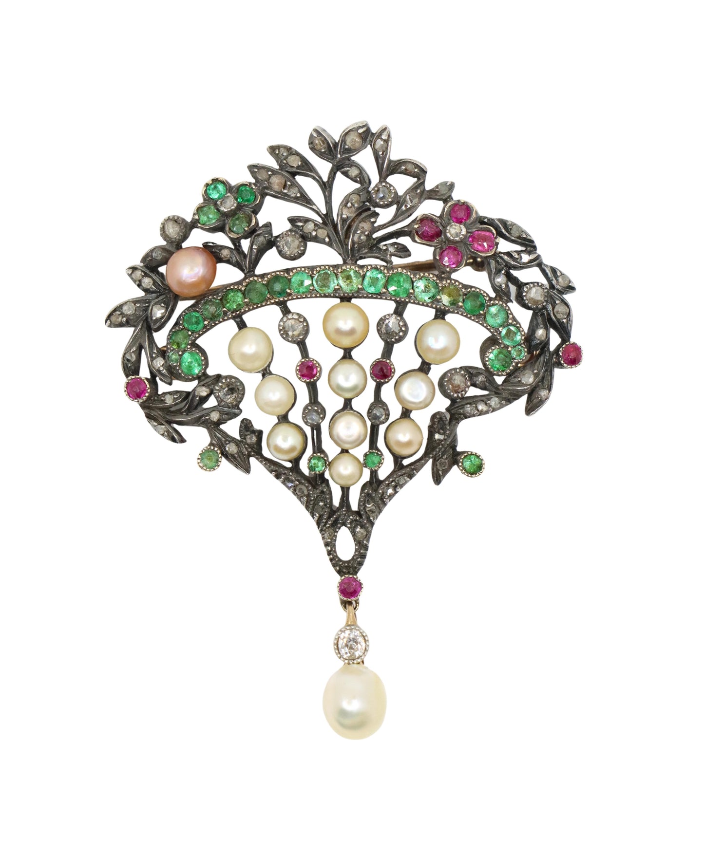 Victorian Gold & Silver Emerald Ruby Pearl Diamond Brooch