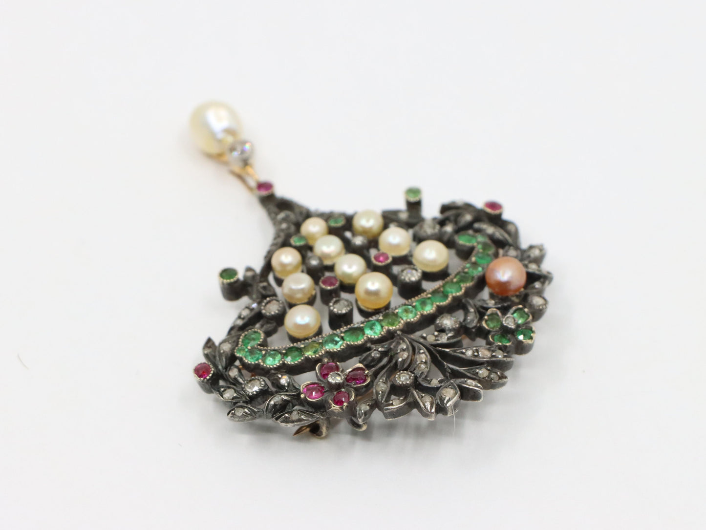 Victorian Gold & Silver Emerald Ruby Pearl Diamond Brooch