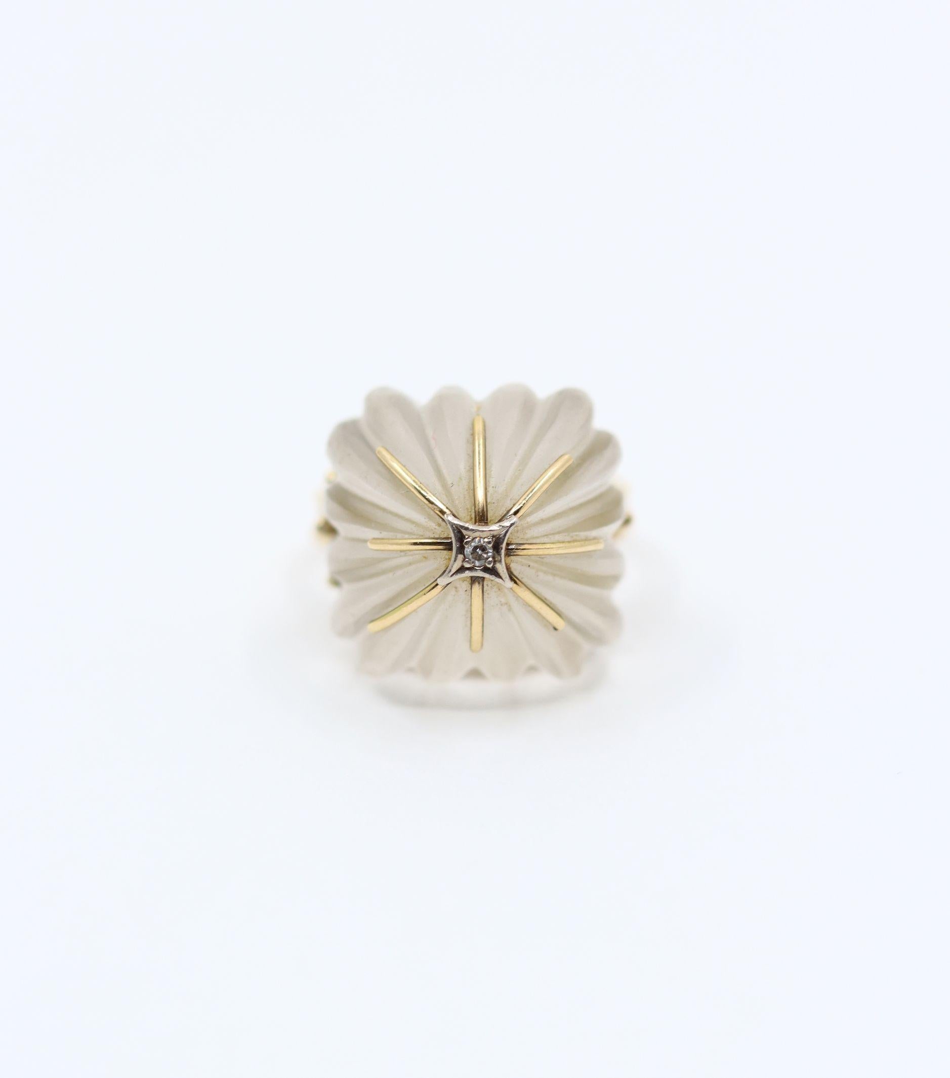 Vintage 14K Gold Diamond Rock Crystal Dome Cocktail Ring