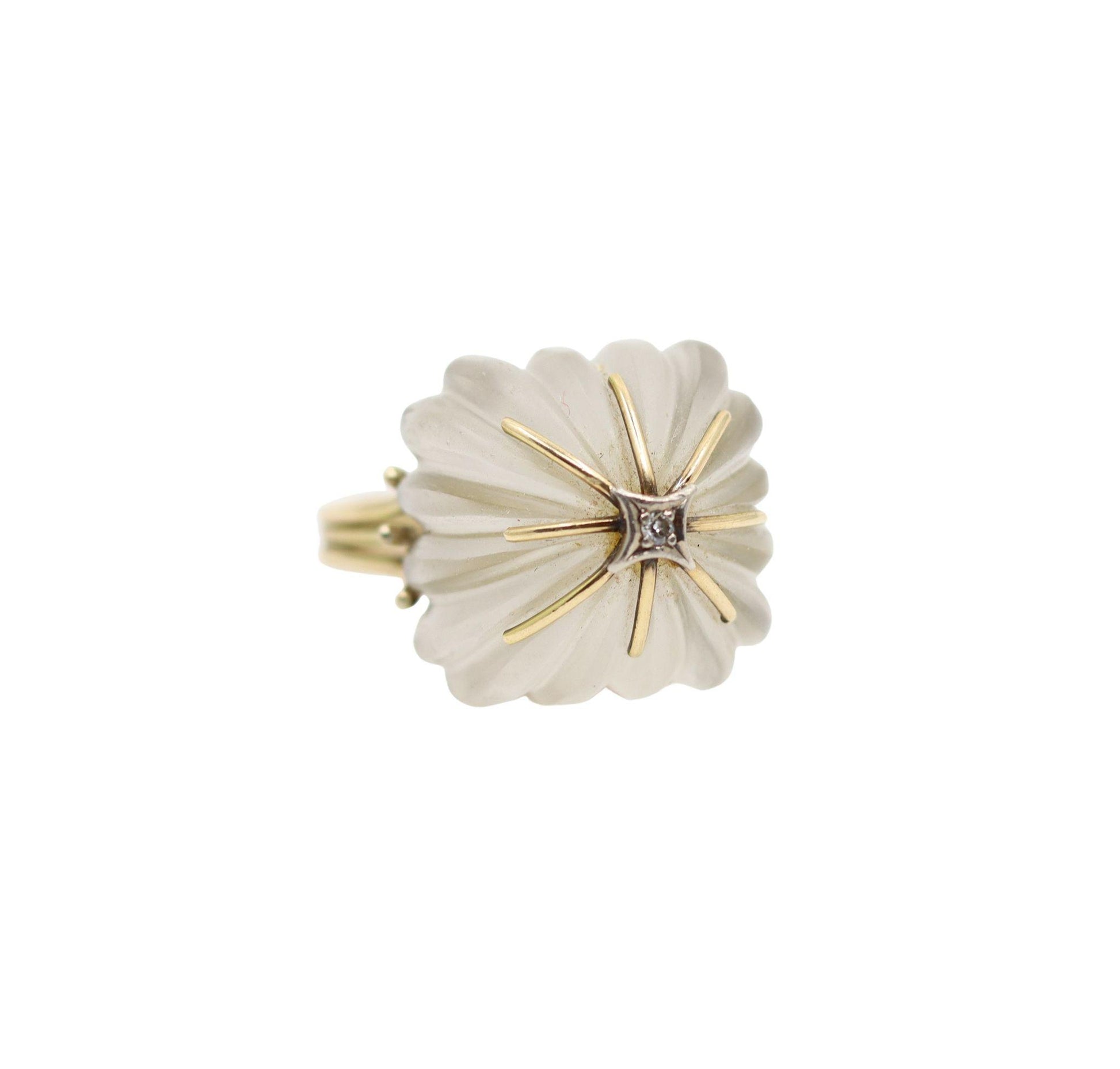 Vintage 14K Gold Diamond Rock Crystal Dome Cocktail Ring