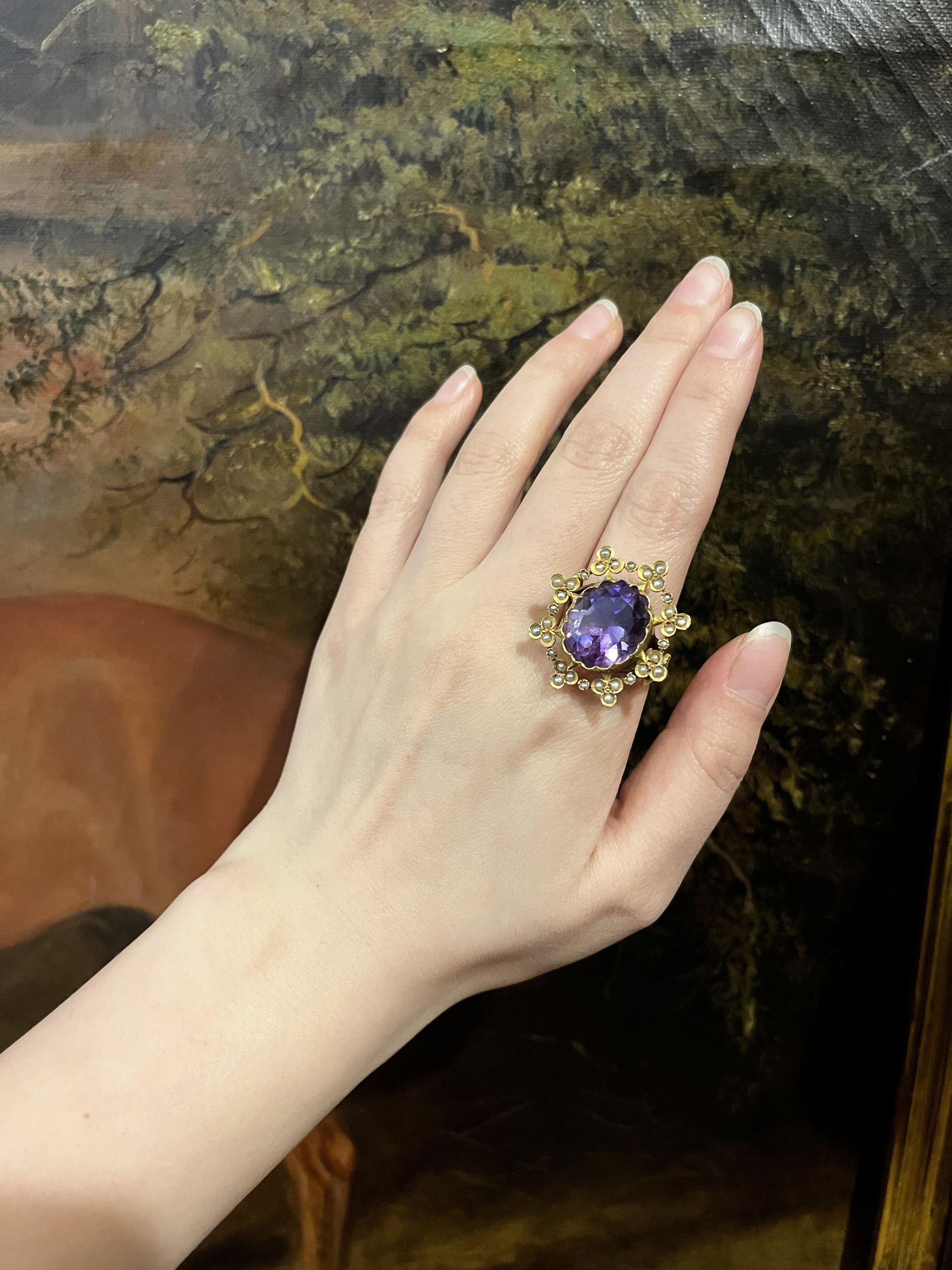 Antique 18K Gold Amethyst Pearl Ring