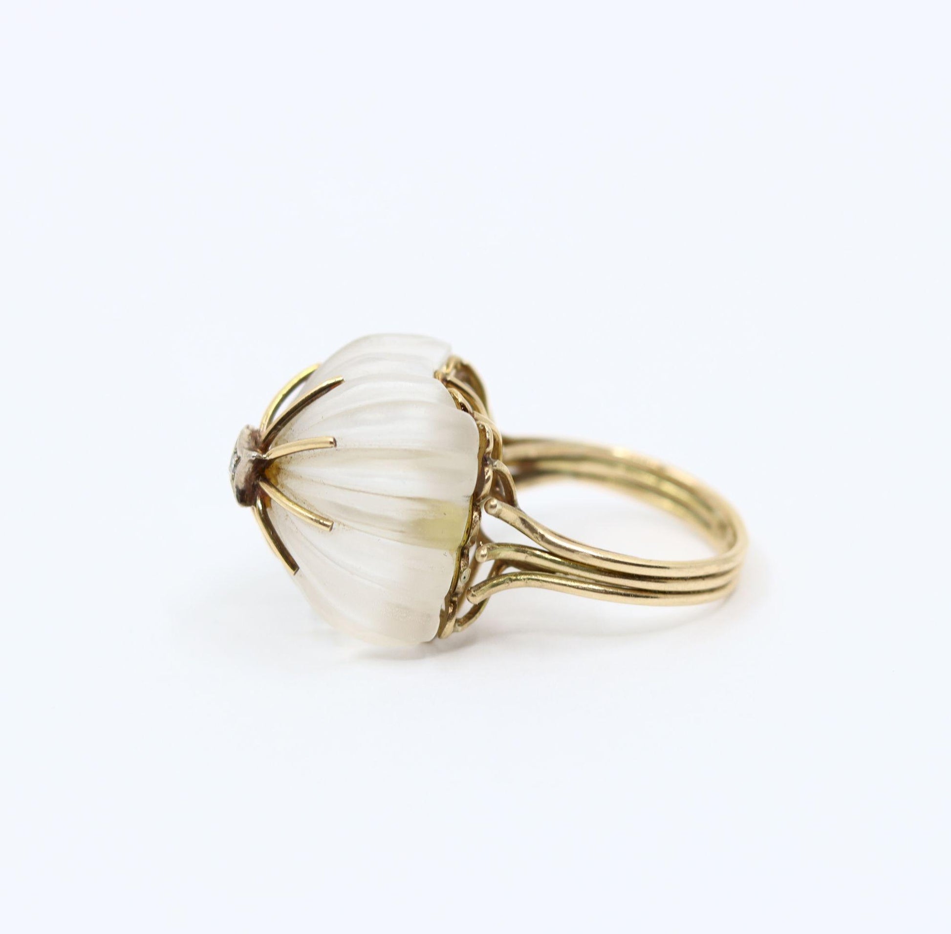 Vintage 14K Gold Diamond Rock Crystal Dome Cocktail Ring