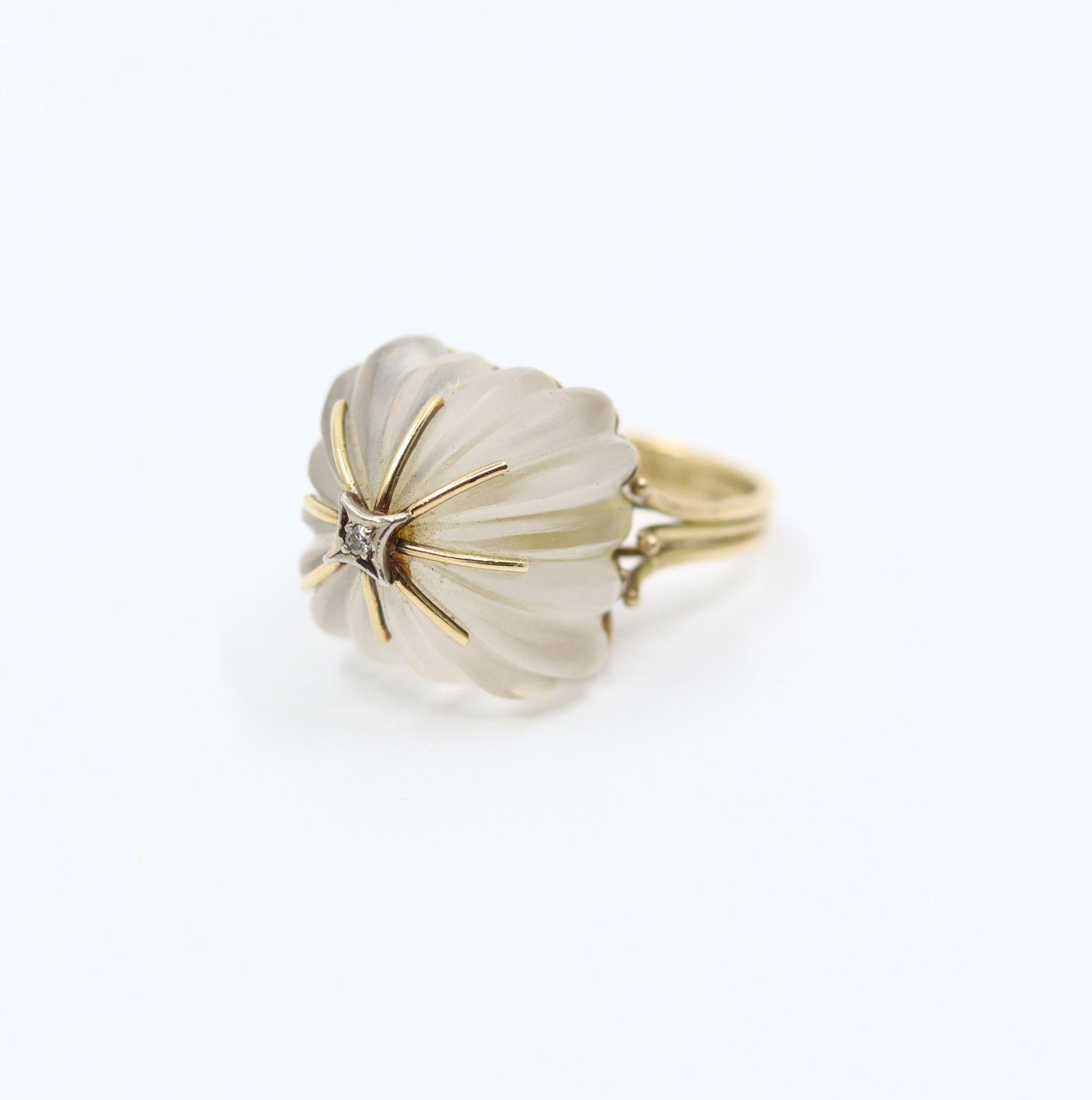Vintage 14KT Gold Diamond Rock Crystal Dome Cocktail Ring