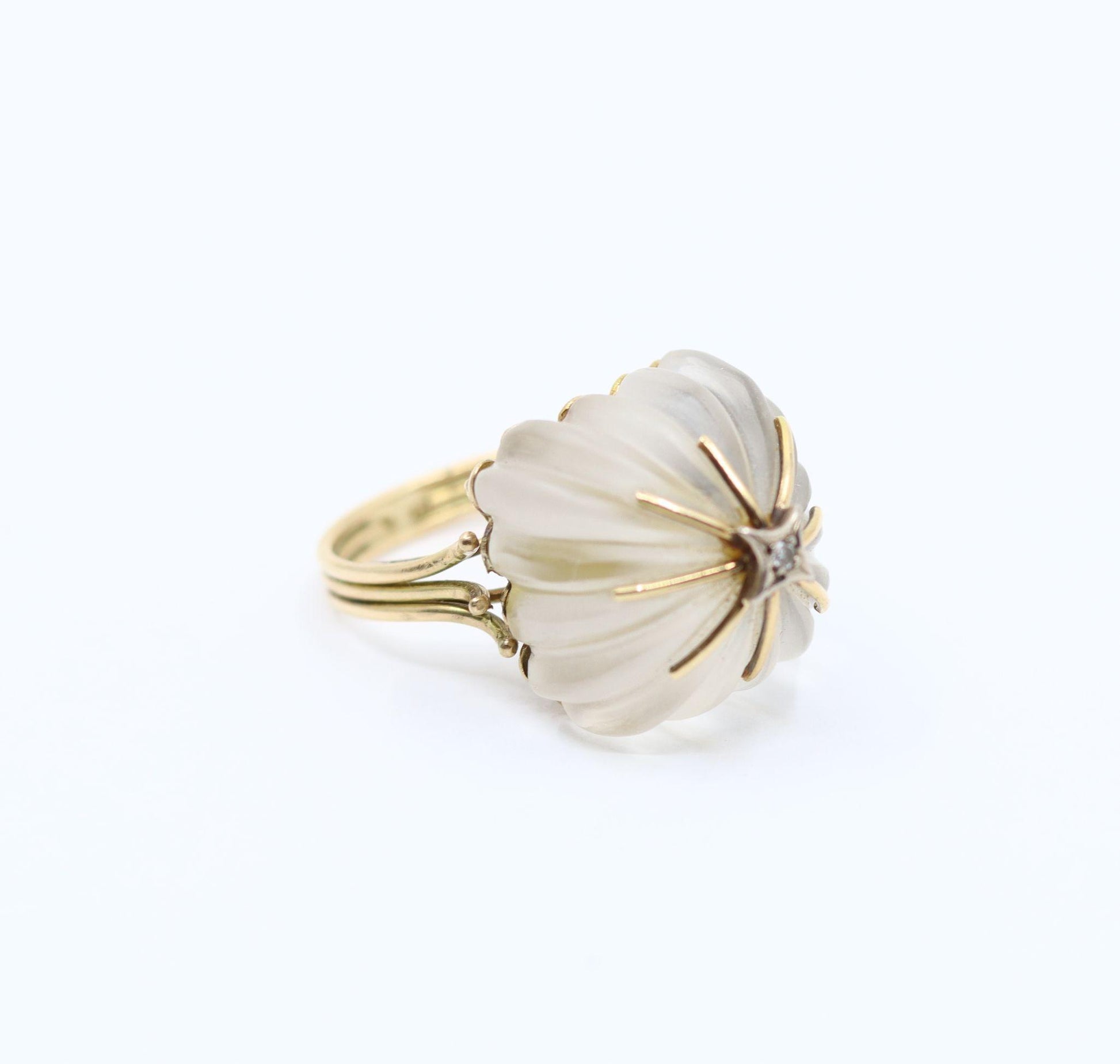 Vintage 14KT Gold Diamond Rock Crystal Dome Cocktail Ring