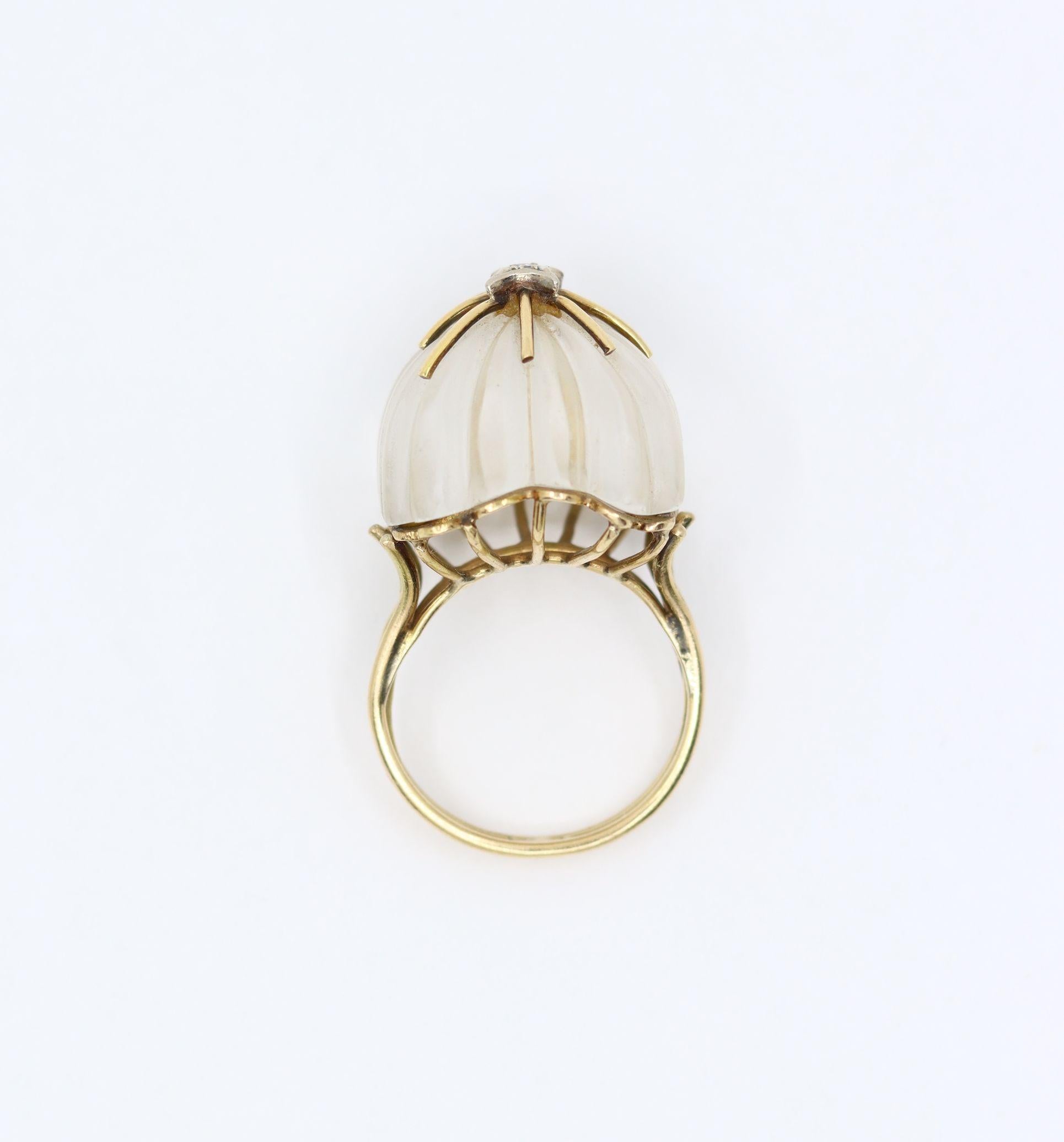 Vintage 14K Gold Diamond Rock Crystal Dome Cocktail Ring