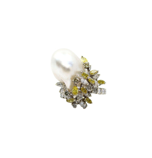 Vintage Platinum White & Yellow Diamond Baroque Pearl Cocktail Ring