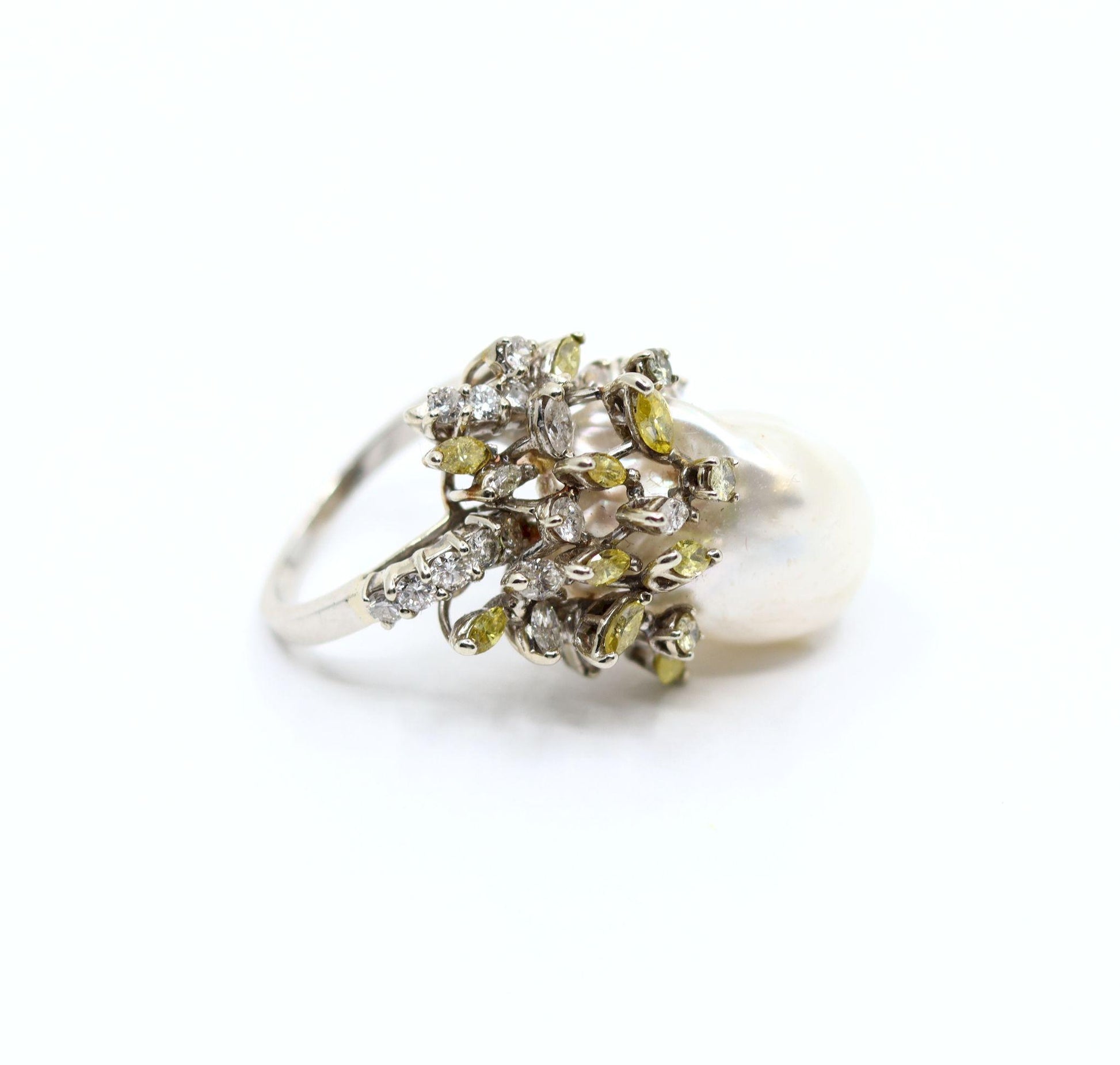 Vintage Platinum White & Yellow Diamond Baroque Pearl Cocktail Ring